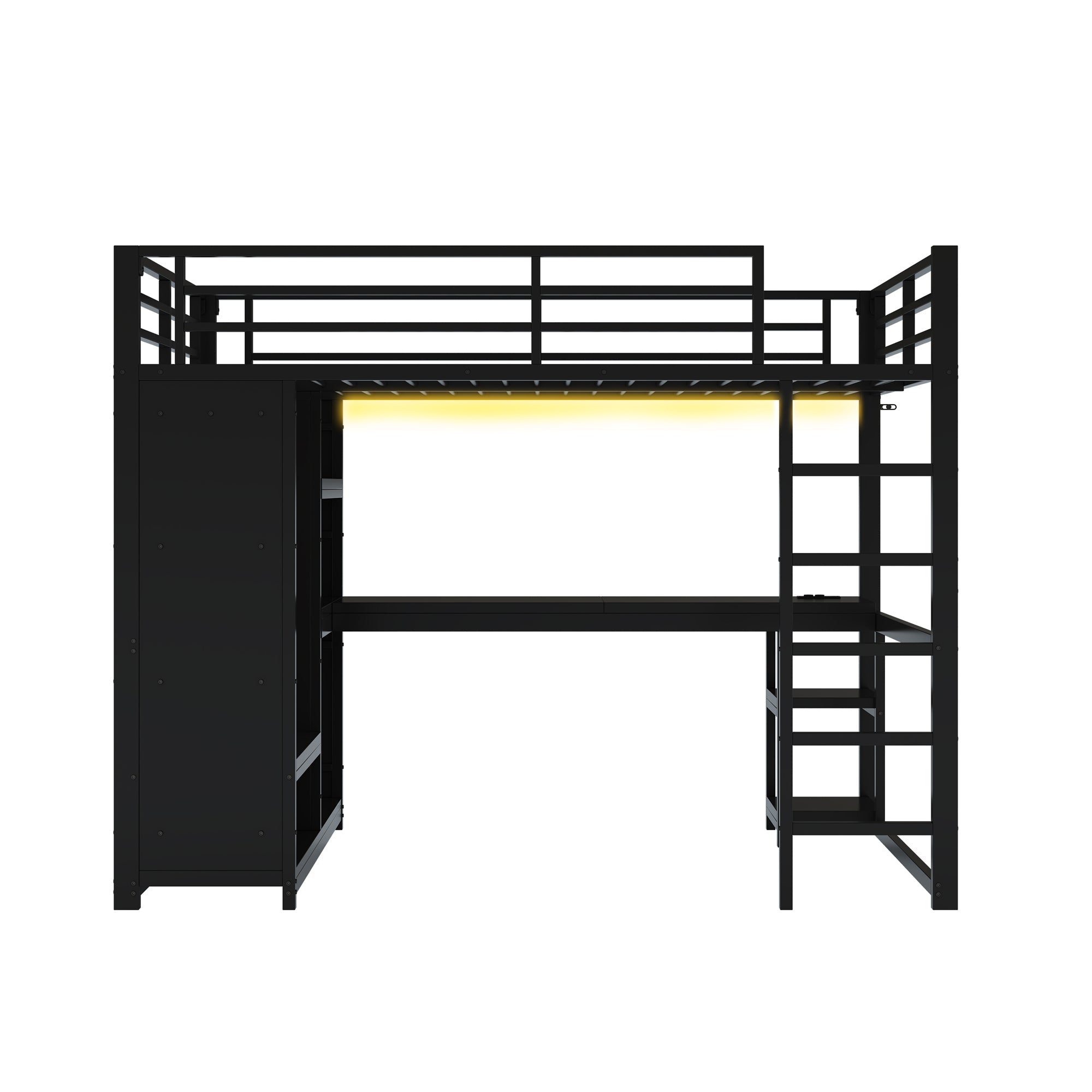 Metal Gaming Loft Bed 140x200 LED Desk Wardrobe Storage - Black