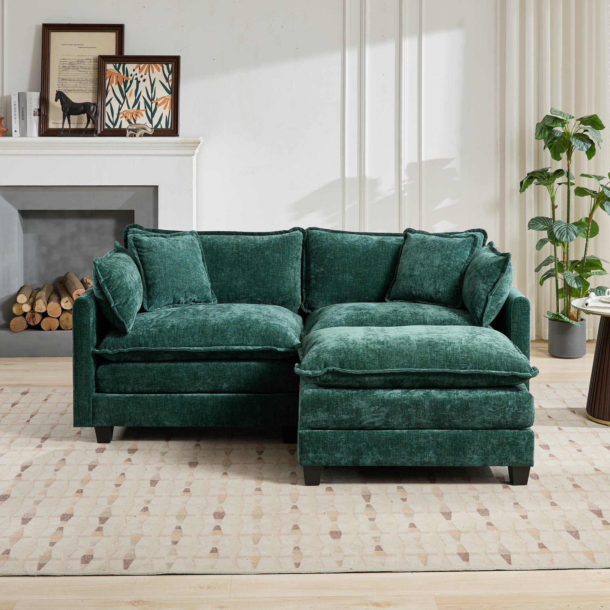 Cloud Sofa Loveseat, Modern Sectional Couch with Double Layer Upholstered Cushion, Green Chenille Fabric