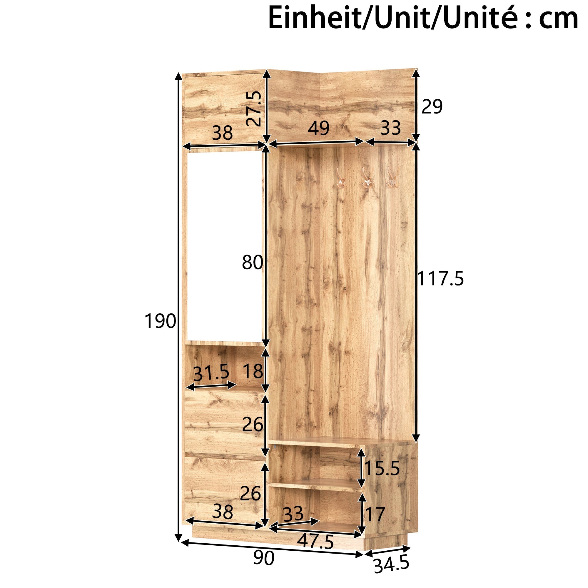 Compact Wardrobe with Mirror, Bench, Shoe Cabinet & Hooks, Natural MDF