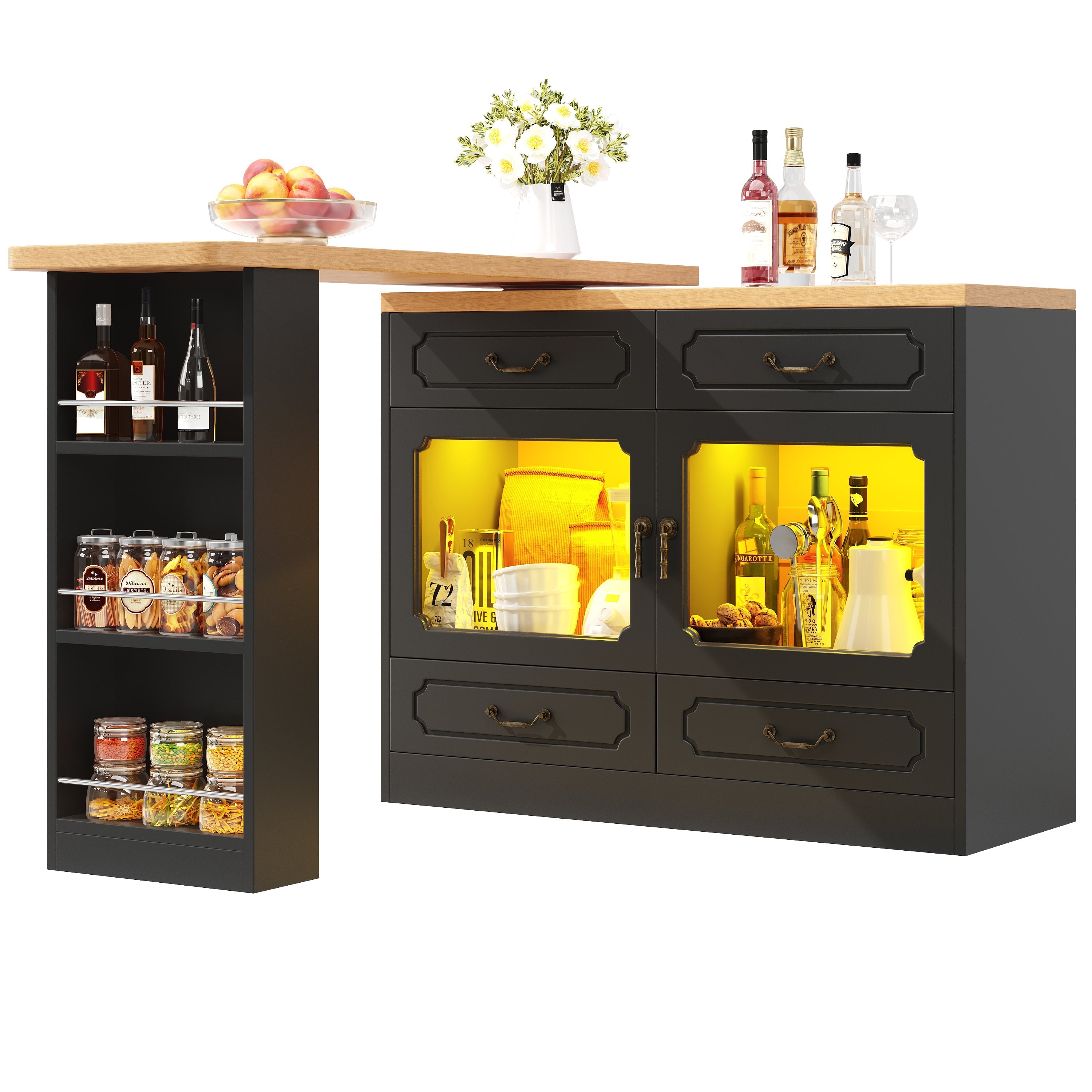 Extendable Bar Table 360° Rotating Storage LED 135-203cm - Black