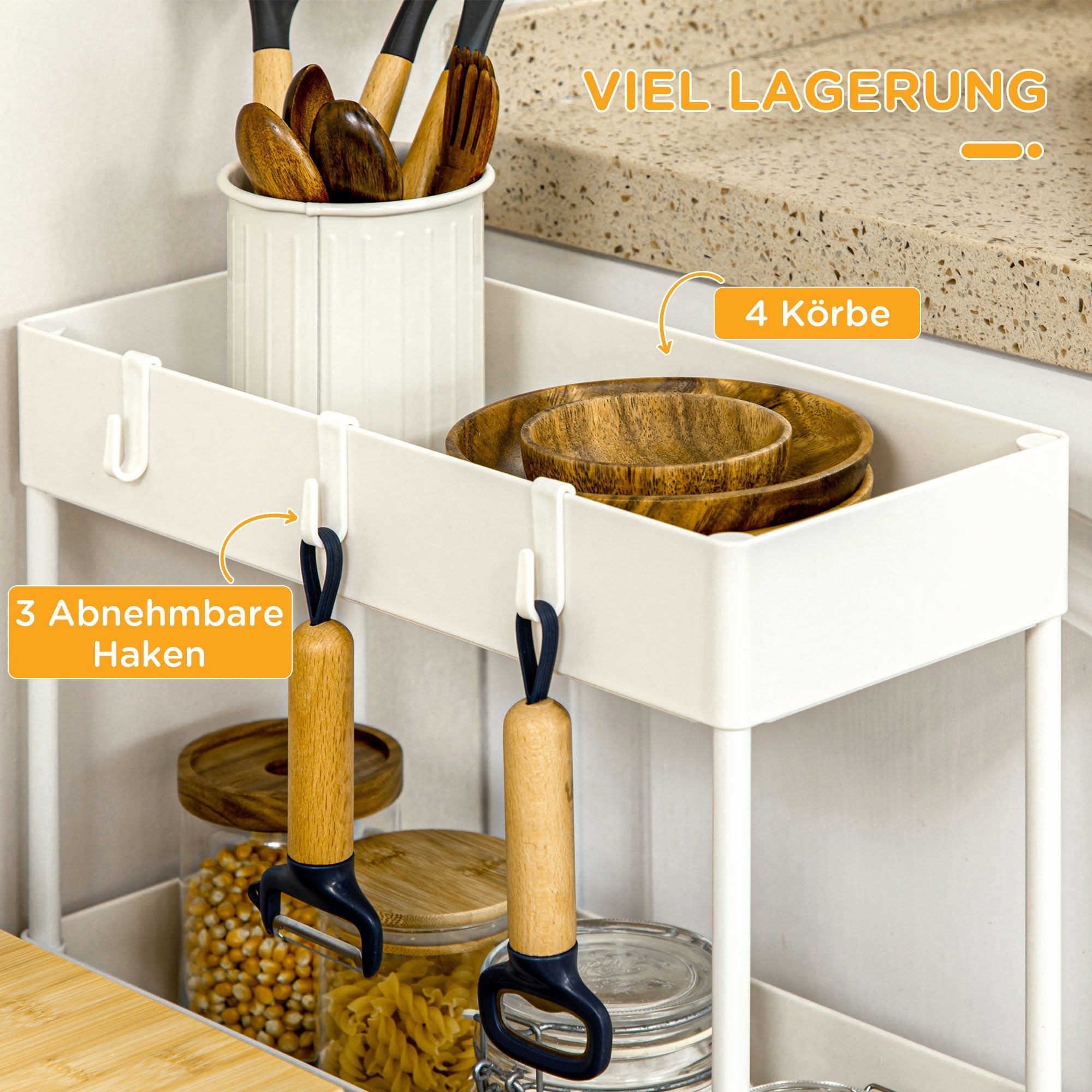Rollregal für die Küche, 4 Ebenen mit Rollen & Bremsen, Weiß