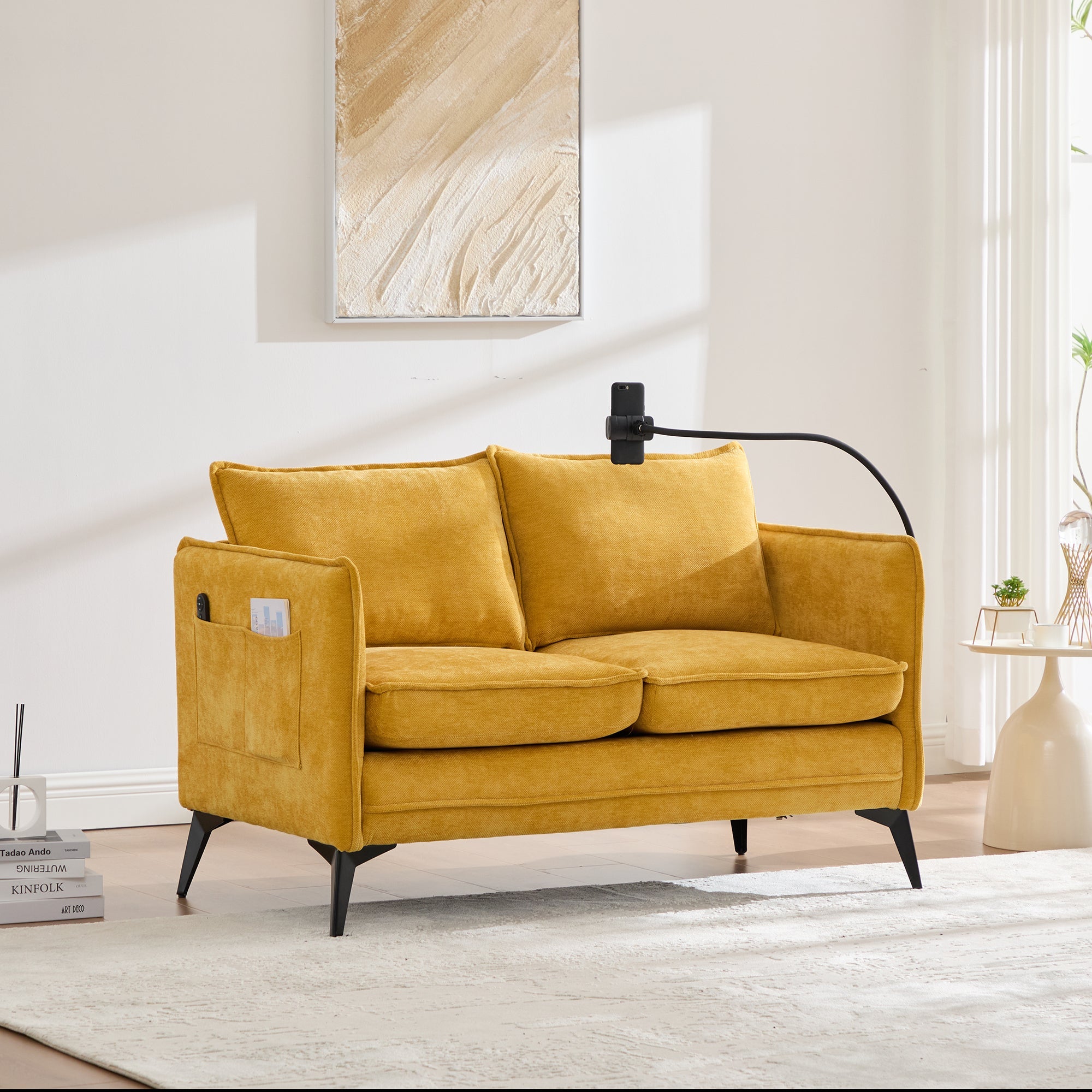 Modern Double Sofa with Storage Side Pocket and Adjustable Phone Holder, Fabric