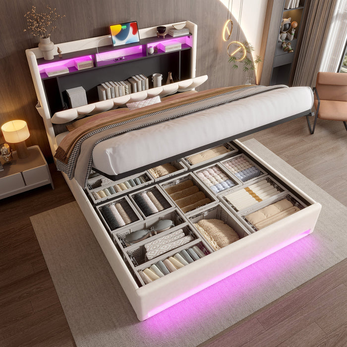 Upholstered Bed Frame 140x200 LED USB Hydraulic Storage Headboard, Beige