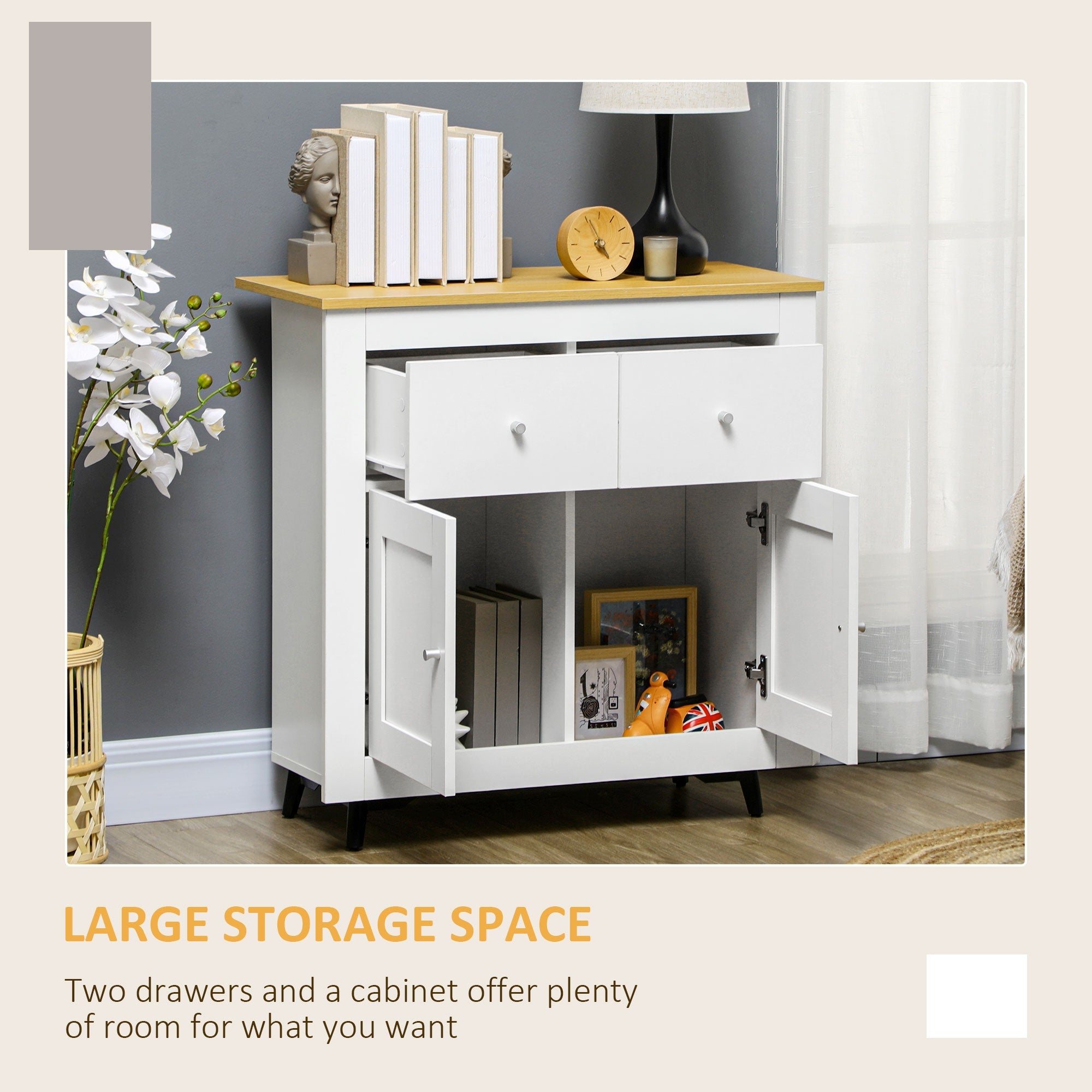 Sideboard Storage Cabinet with Double Doors and Drawers, White Engineered Wood
