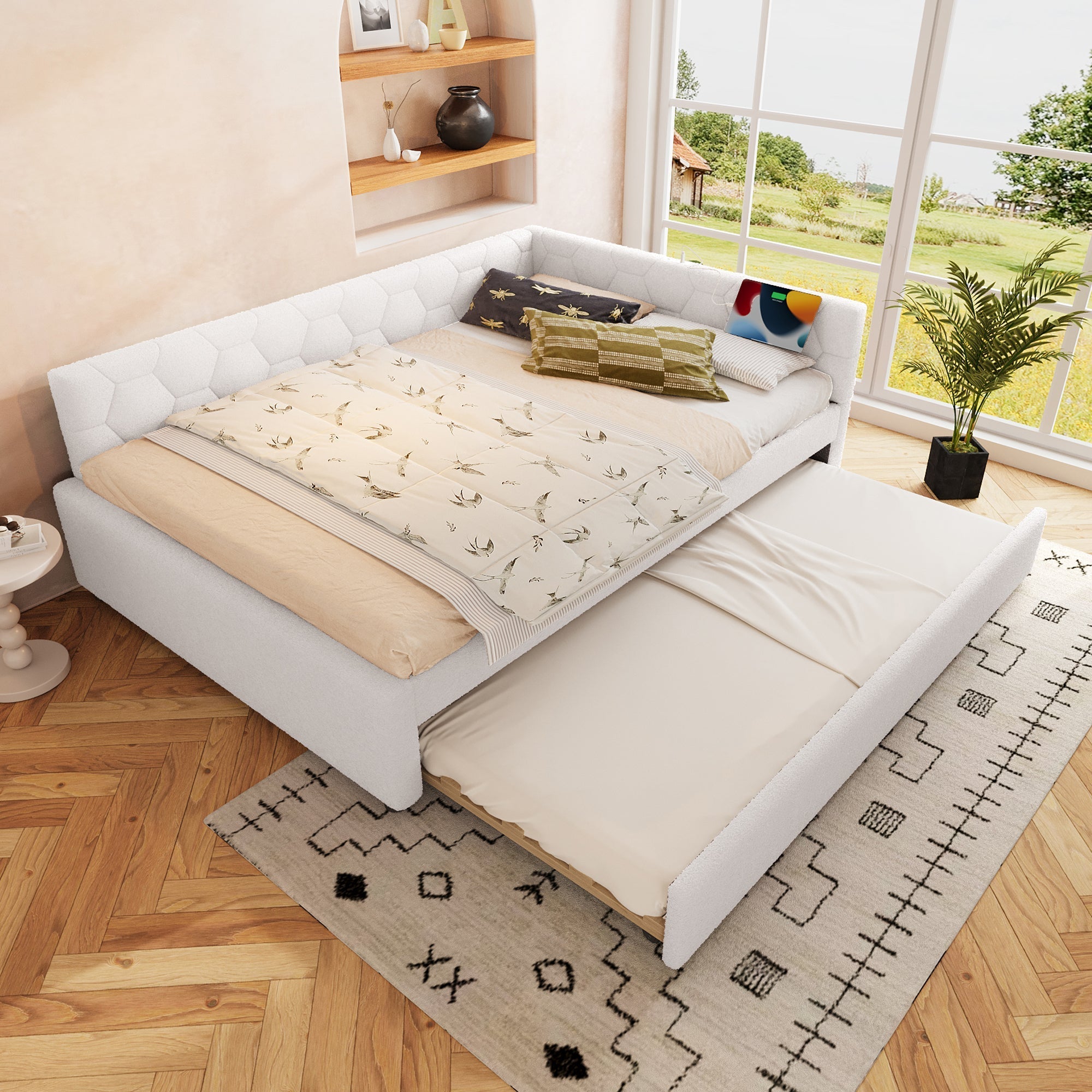 Daybed Sofa Bed 140x200cm Pull-Out Bed with Lamp & USB/Type-C Port Fleece Imitation White