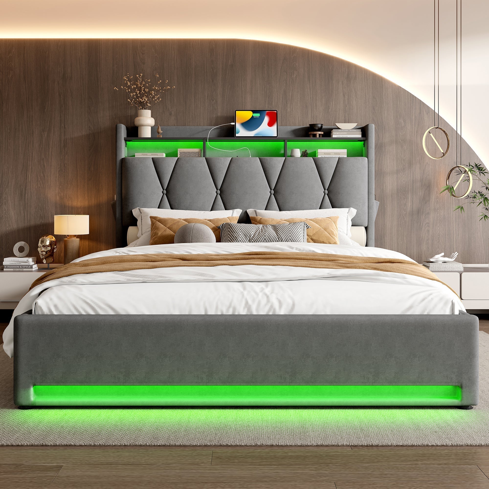 Upholstered Bed Frame 160x200cm LED/USB-C Hydraulic Storage Headboard, Grey