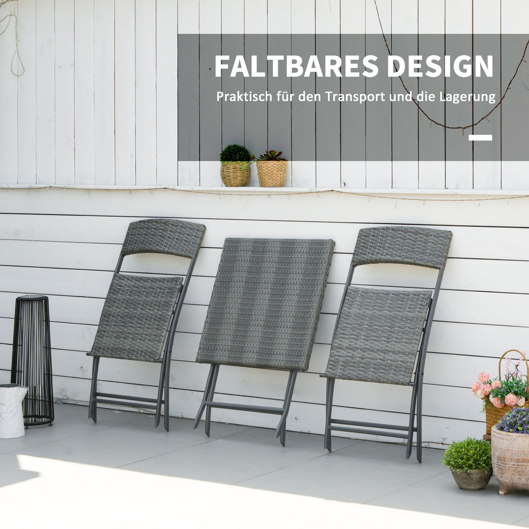 Polyrattan Bistro-Set, Gartenmöbel für 2 Personen, Grau