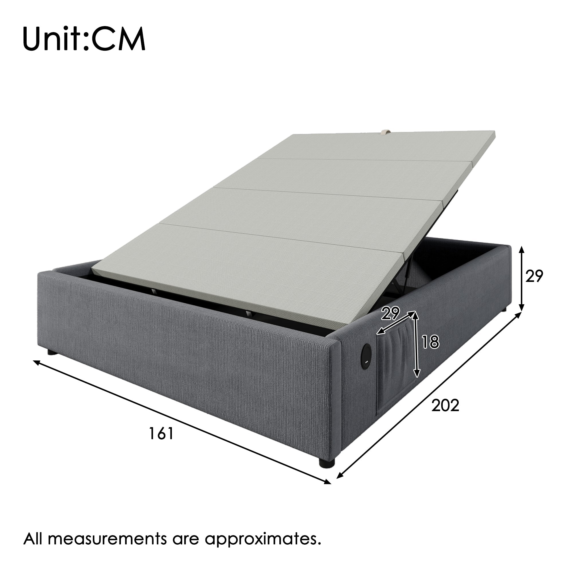 Upholstered Double Bed with Storage, USB-C and Full Slatted Base, 160x200cm, Grey Cotton