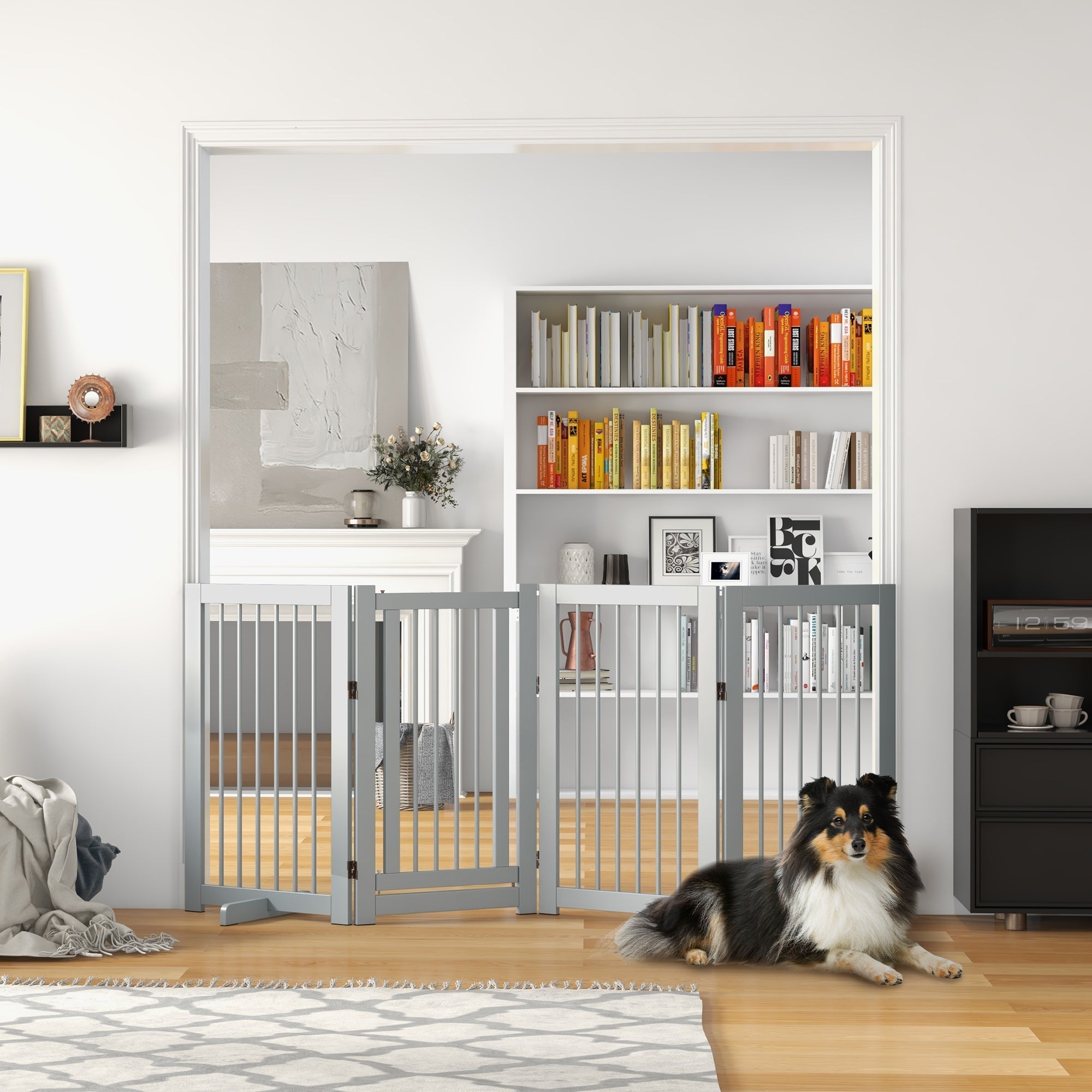 Dog Safety Gate 4-Piece Foldable Door Freestanding Wood Light Gray