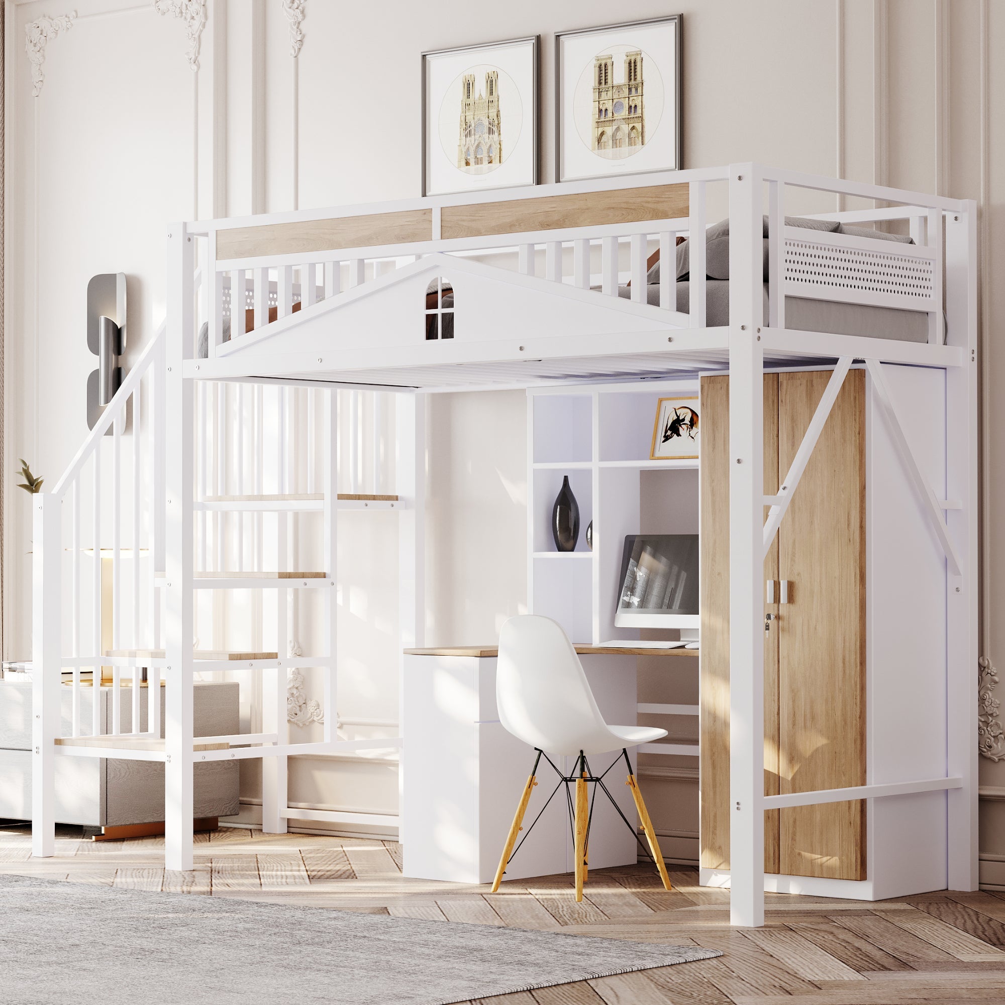 Metal Loft Bed, 90x200cm, Safety Rail with Window & Ladder, White