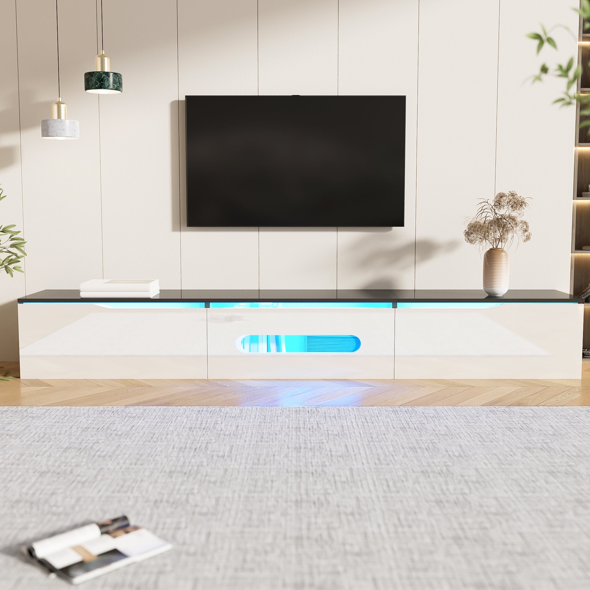 Black and White TV Cabinet, 180cm Long LED High-Gloss, Wall-Mountable