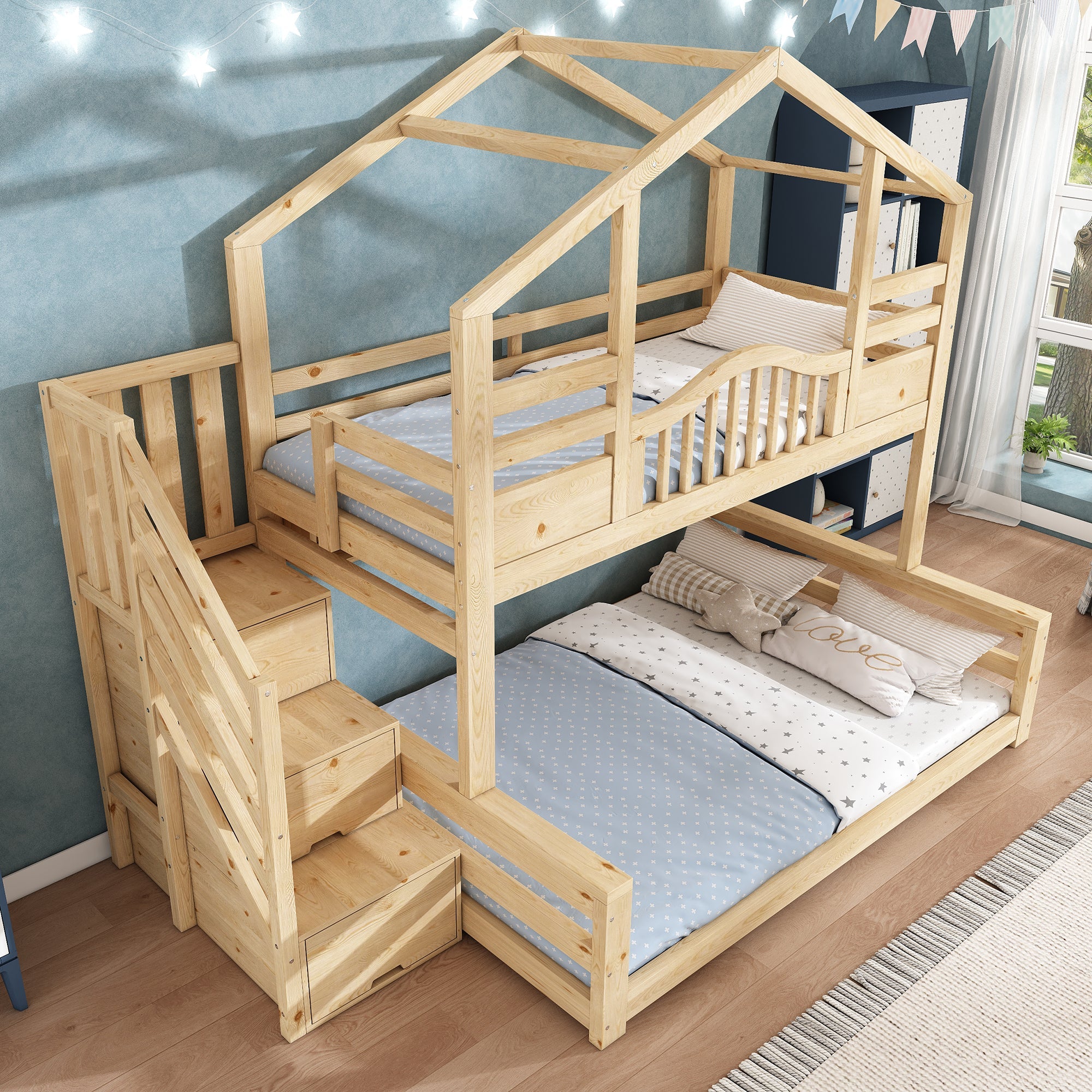 Bunk House Bed with Stair Storage and Shelves, 90x200cm and 140x200cm, Natural Wood Look