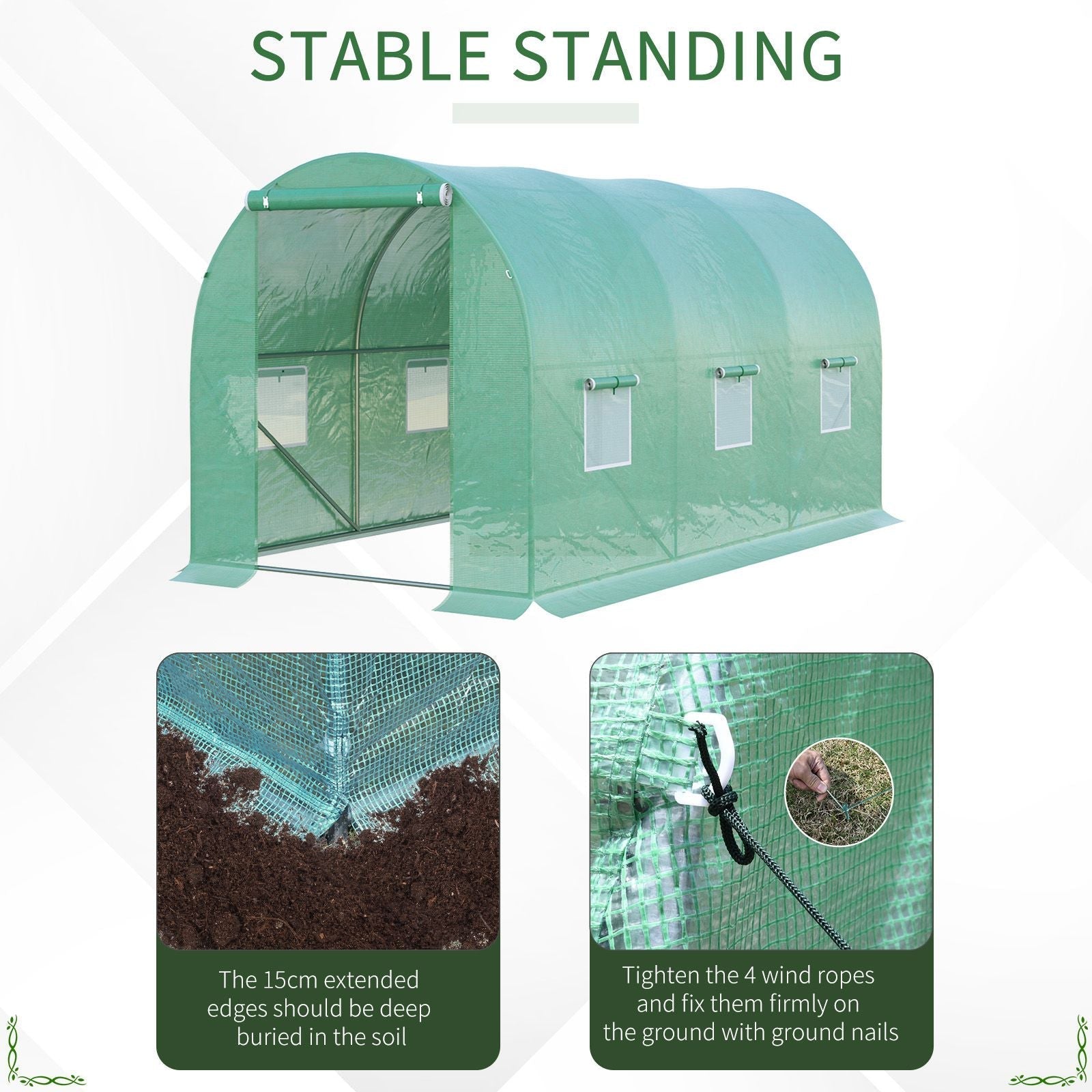 4 x 2 x 2 m Polytunnel Greenhouse, Roll-up Door 6 Mesh Windows Galvanised Steel Frame, Green