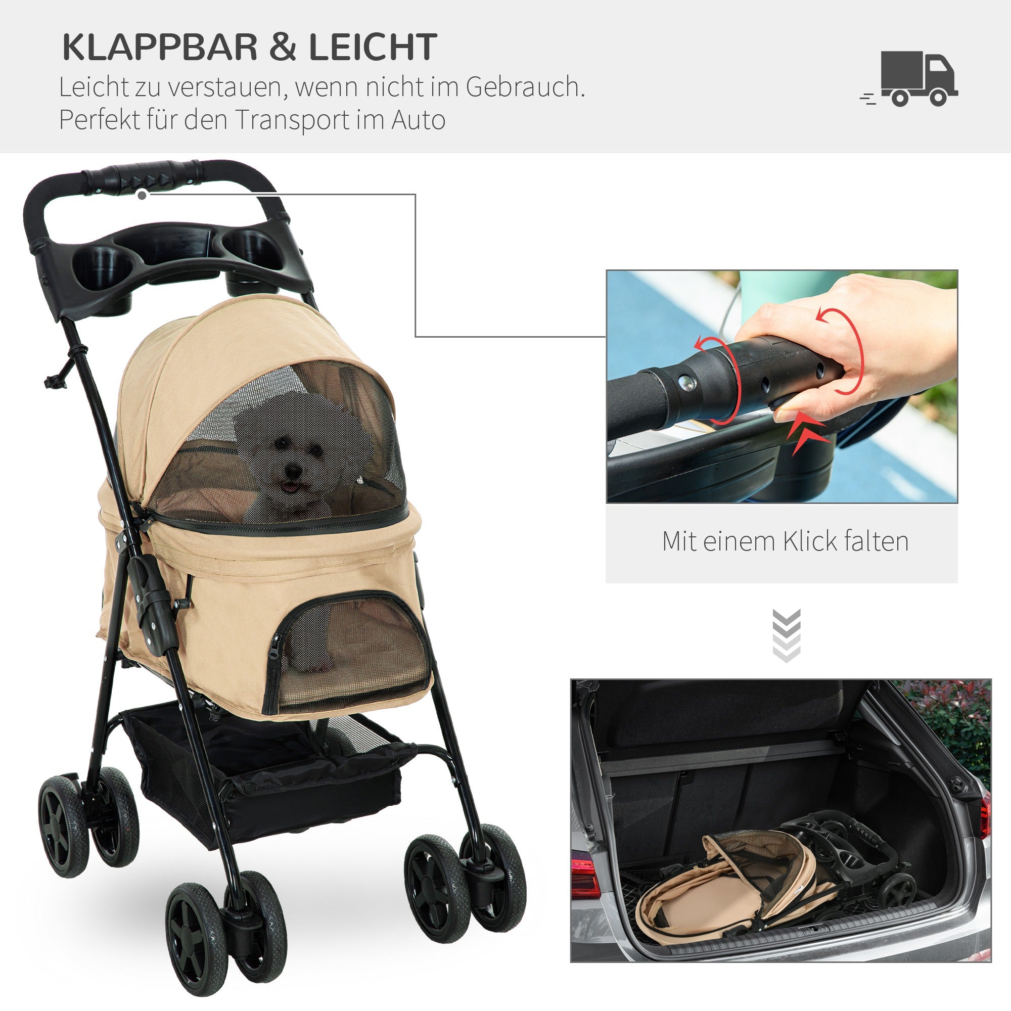 Dog Stroller, Folding Pet Stroller for Small Dogs and Cats, Oxford Khaki