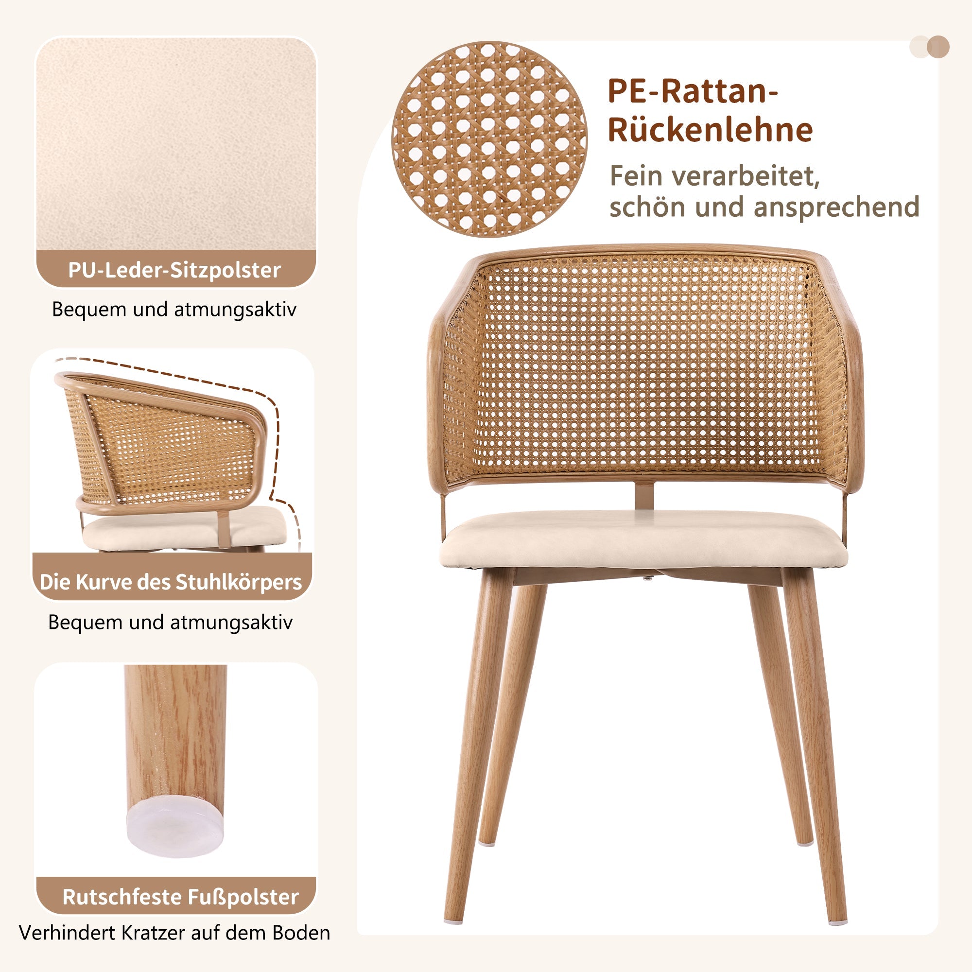 2 Dining Chairs Modern Rattan Backrest PU Leather Set