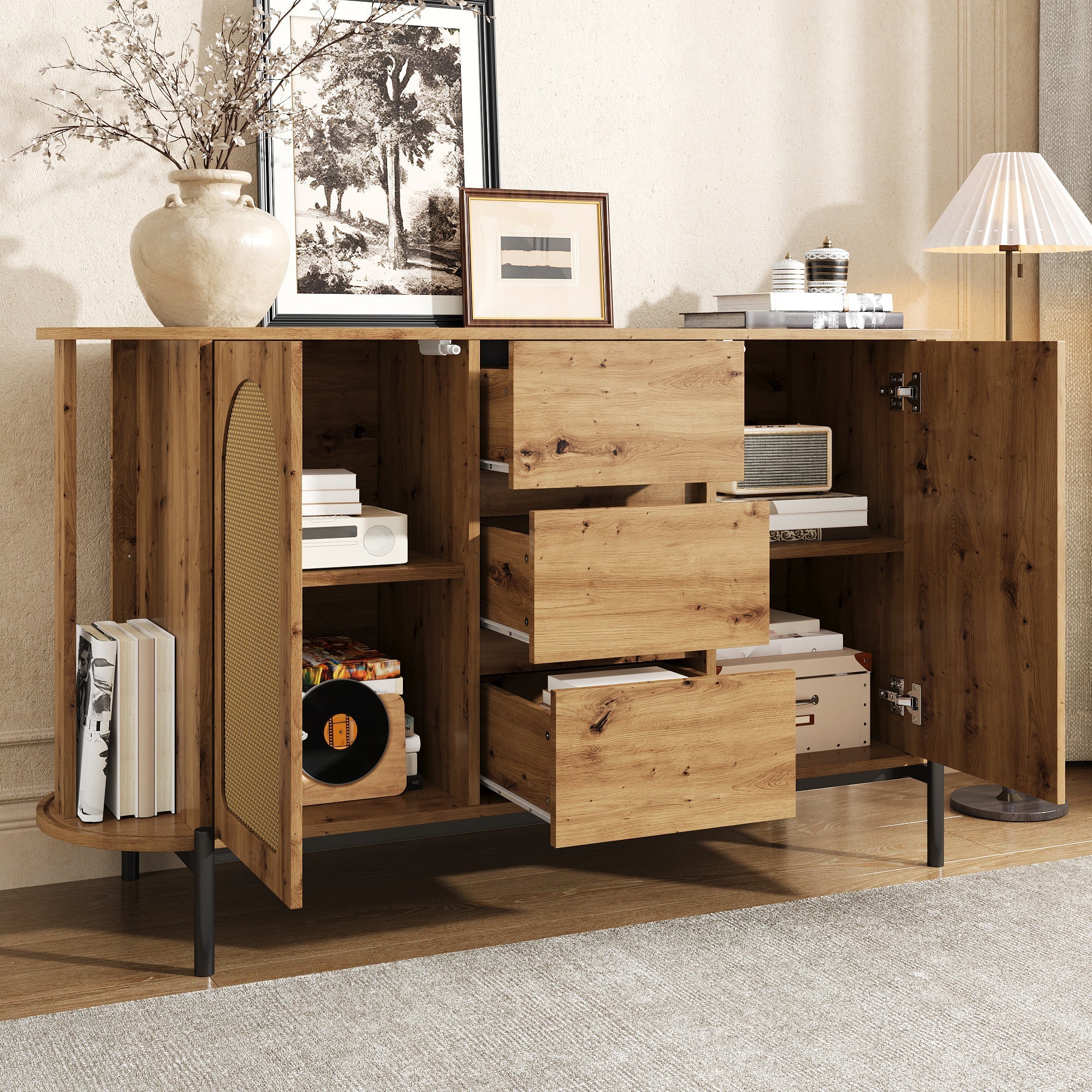 Oval Sideboard with Rattan Sliding Doors and Drawers, Adjustable Compartments and Metal Legs, Wood Look