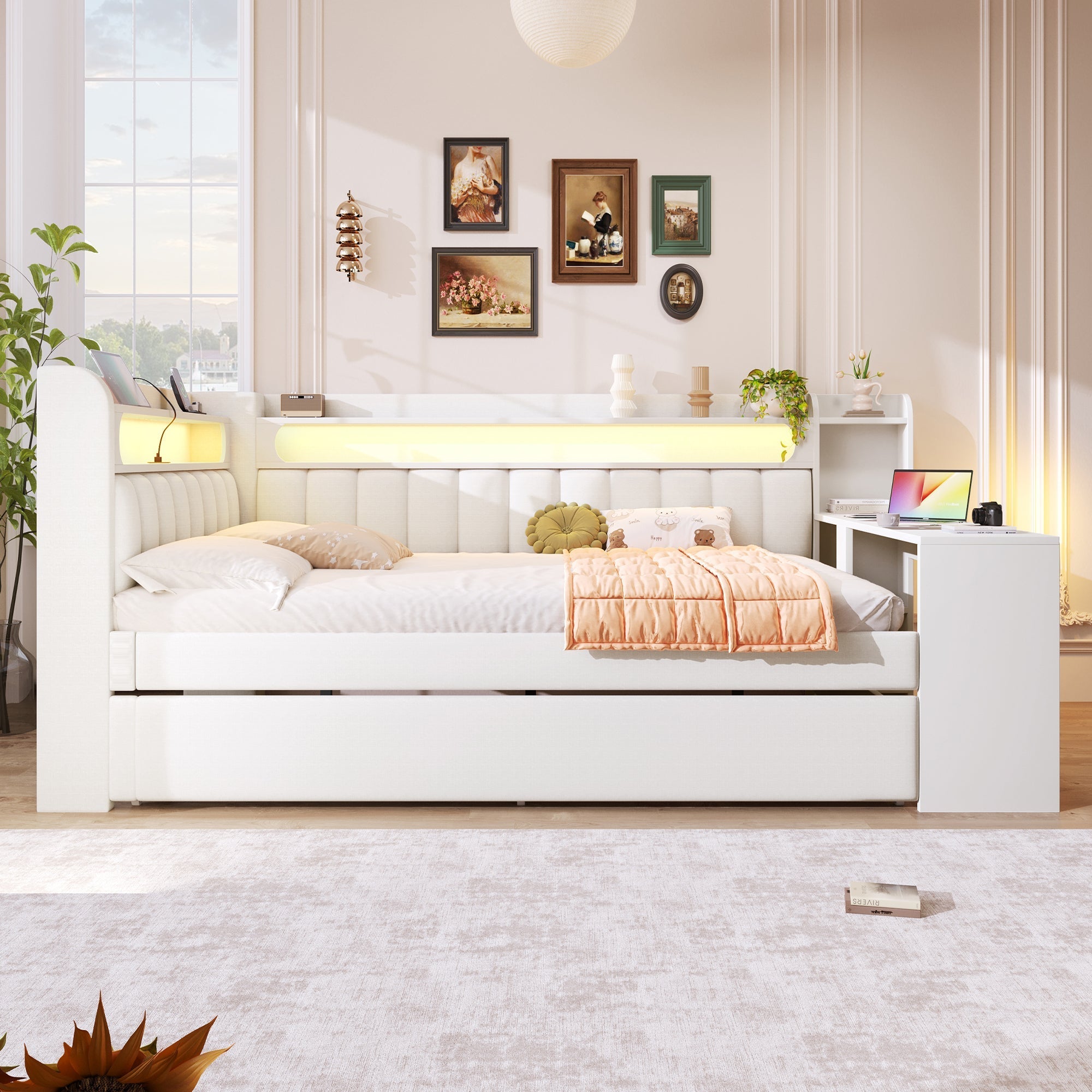 Upholstered Daybed 140x200 with USB, LED, Pull-Out Bed and Desk, White