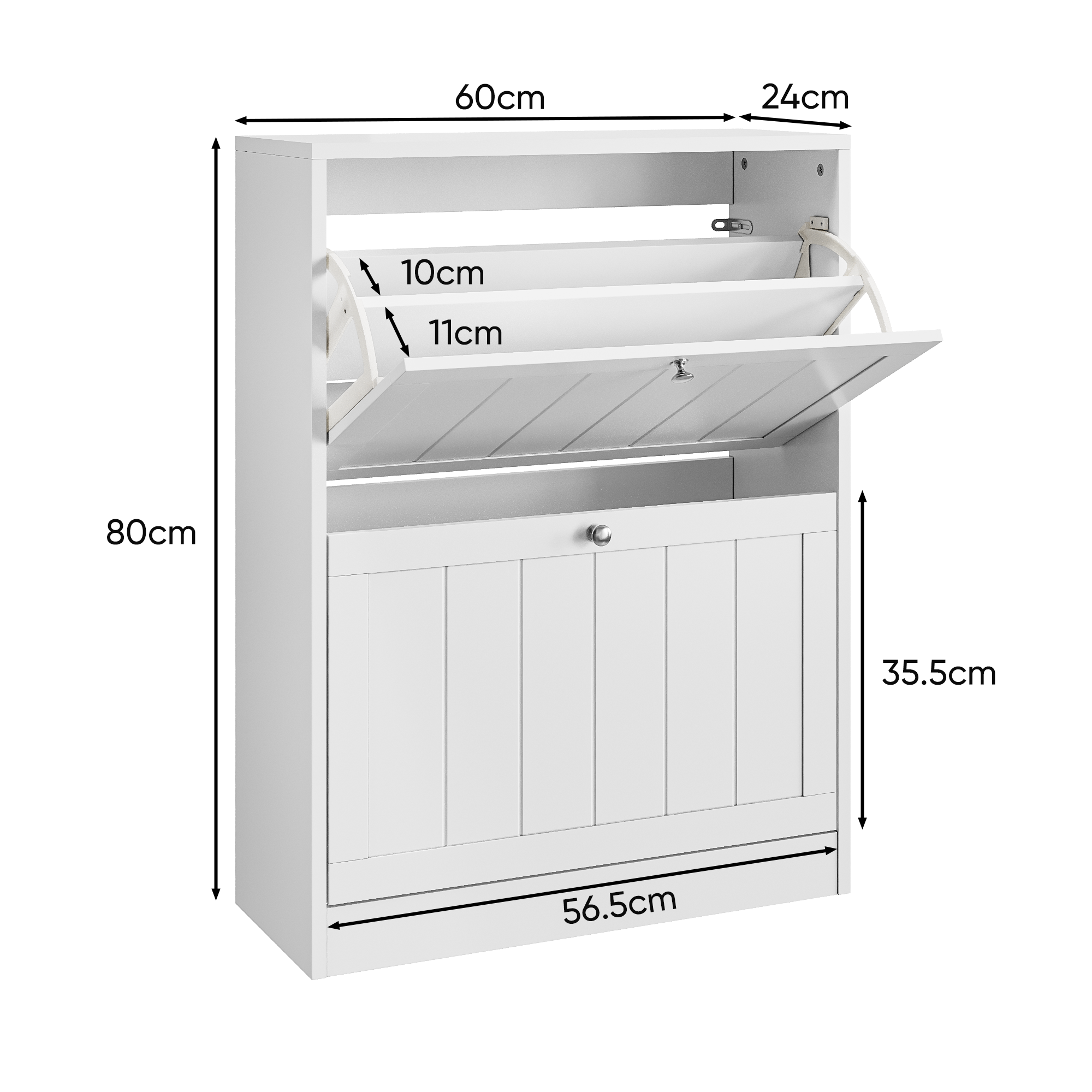 Shoe Cabinet 60cm Mid-Century Modern Freestanding 2 Drop-Down Drawers - White