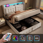 Upholstered Bed 180x200, LED Headboard with USB-C, Hydraulic, Beige Cotton