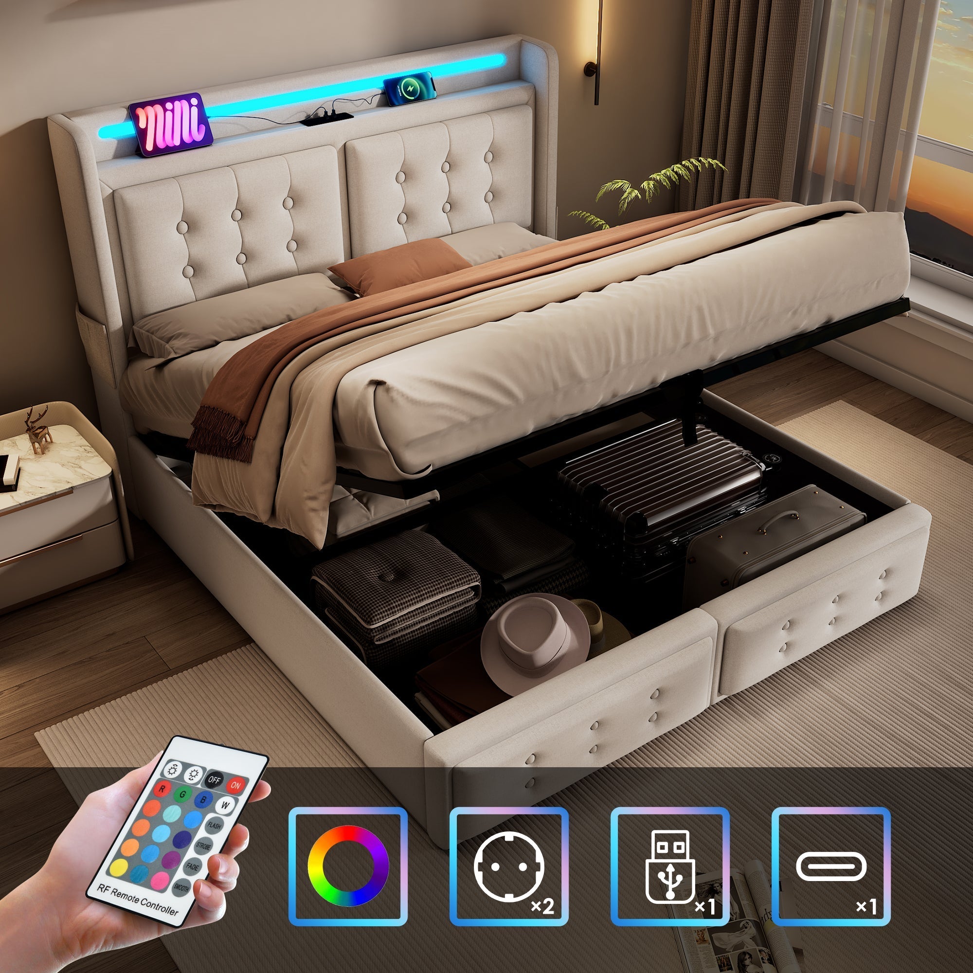 Upholstered Bed 180x200, LED Headboard with USB-C, Hydraulic, Beige Cotton