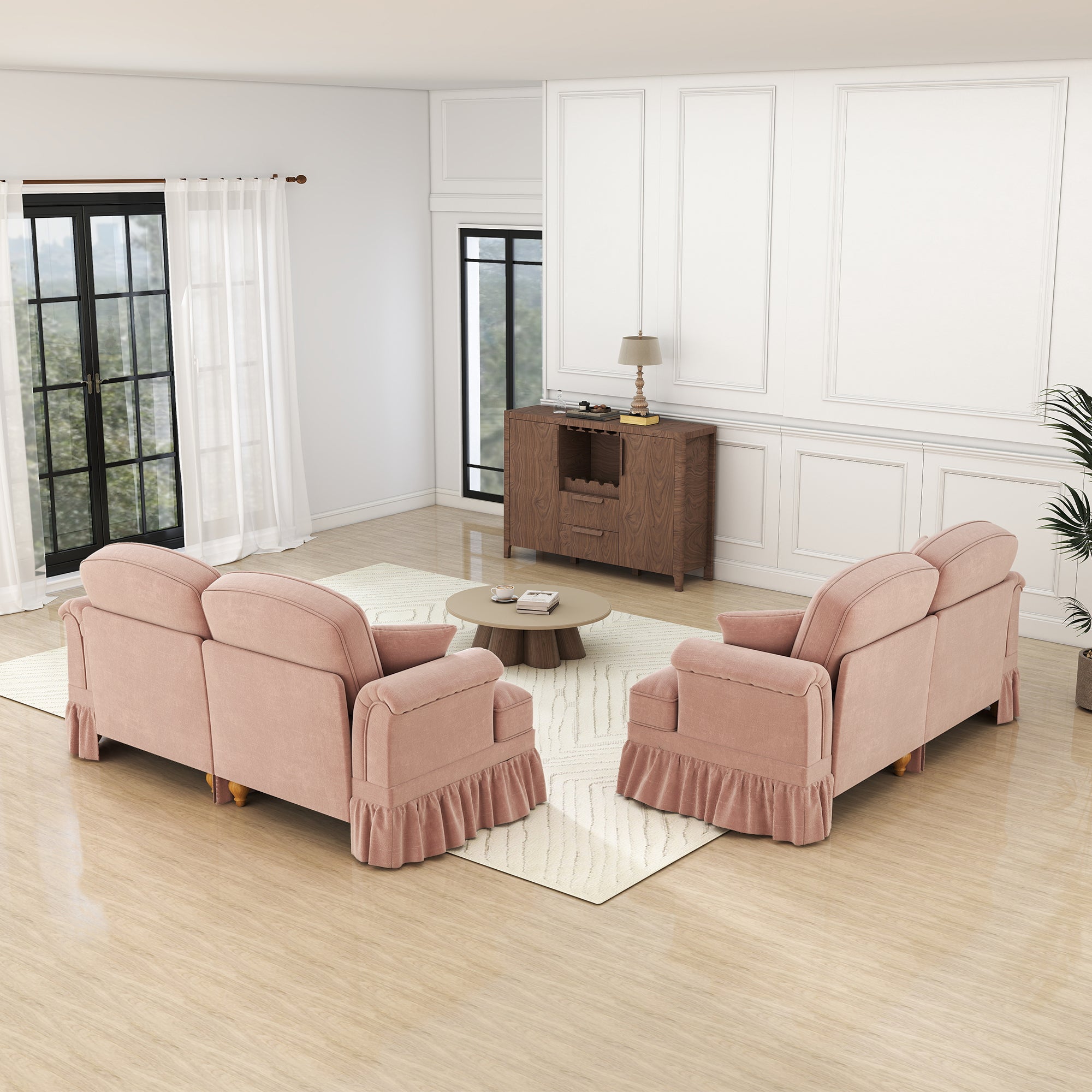 L-Shaped 2-Seater Sofa Mid-Century Movable Ottoman Chenille - Pink