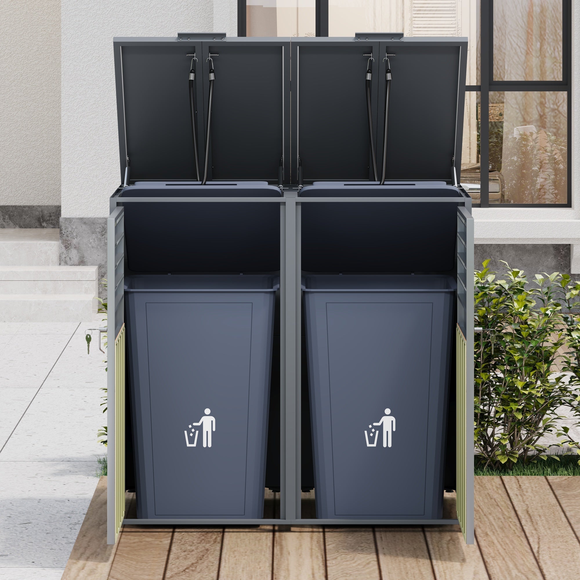 Bin Storage Box with Hinged Lid, Louvered Ventilation and Two Doors, Lockable Plastic