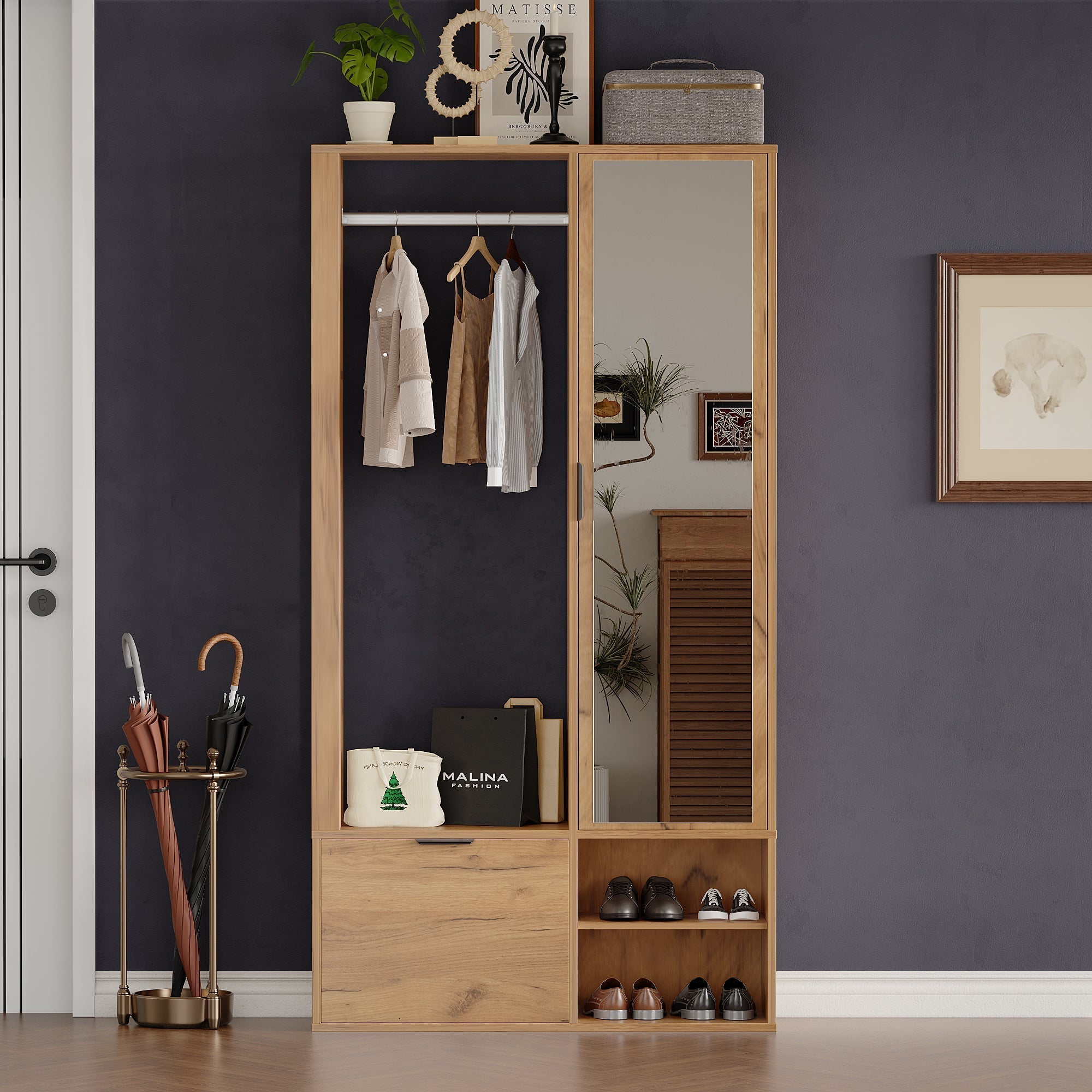 Wardrobe with Hallway, 6-in-1 Entryway 100x33x190cm Clothes Rack Mirror, Wood Color