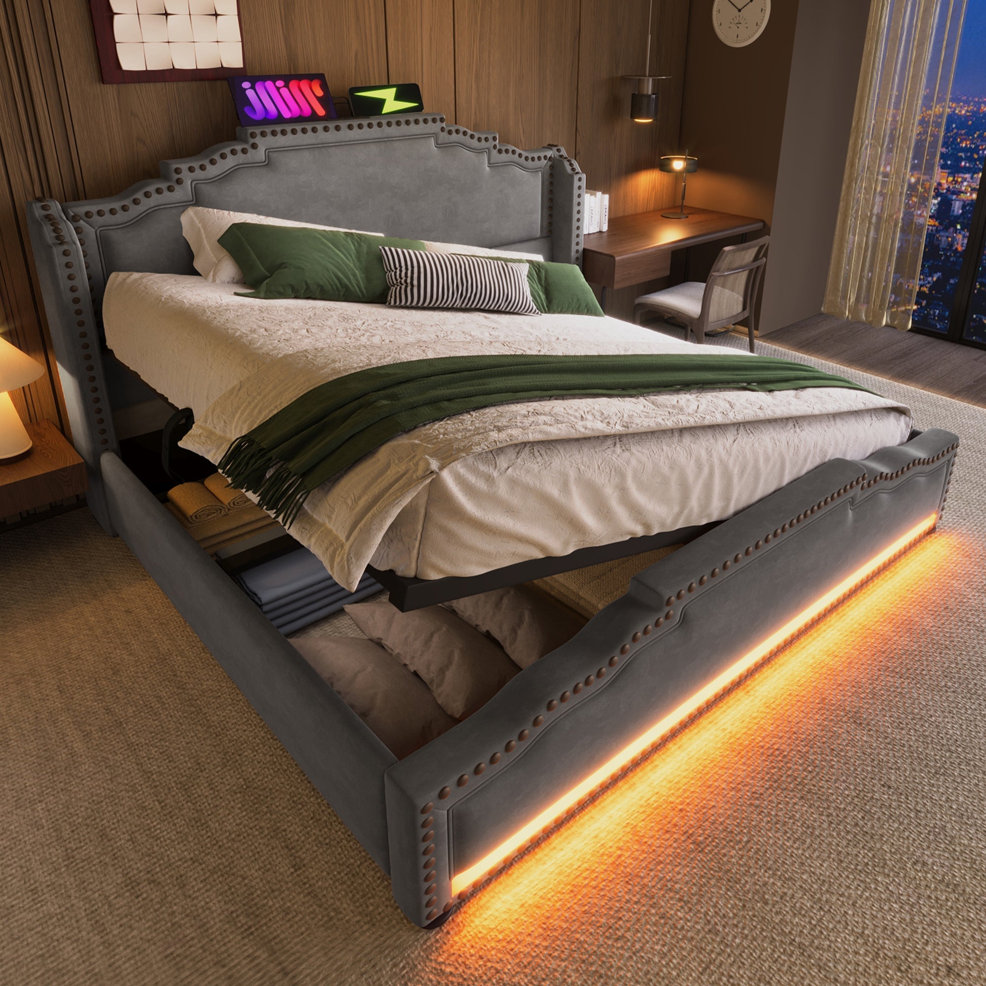 Upholstered Bed 160x200 Hydraulic Storage LED/USB Velvet Grey (with Mattress)