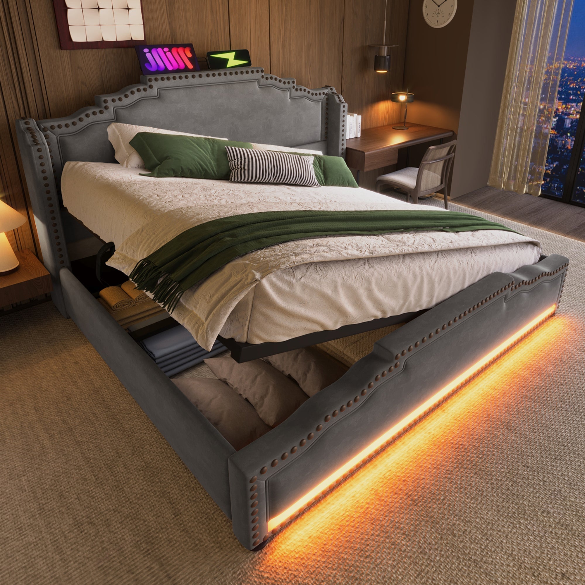 Upholstered Bed 140x200 Hydraulic Storage LED USB-C Slatted Base, Velvet Grey with Mattress