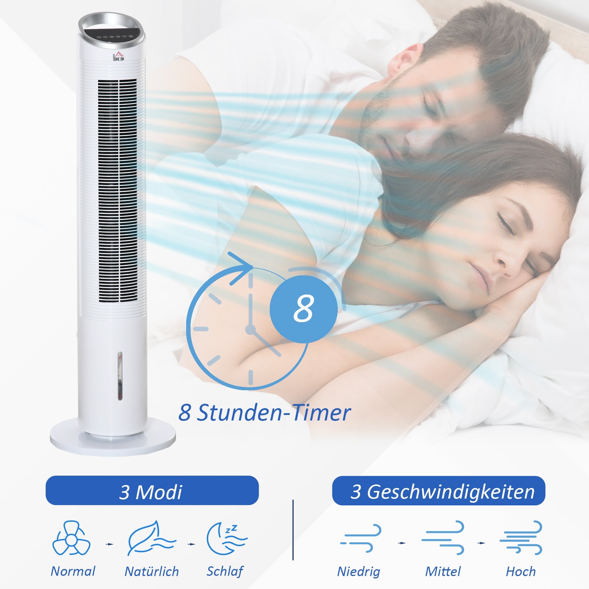 Air Cooler Tower Fan, Water Cooling, 60W, Humidification, 8h Timer, Remote Control