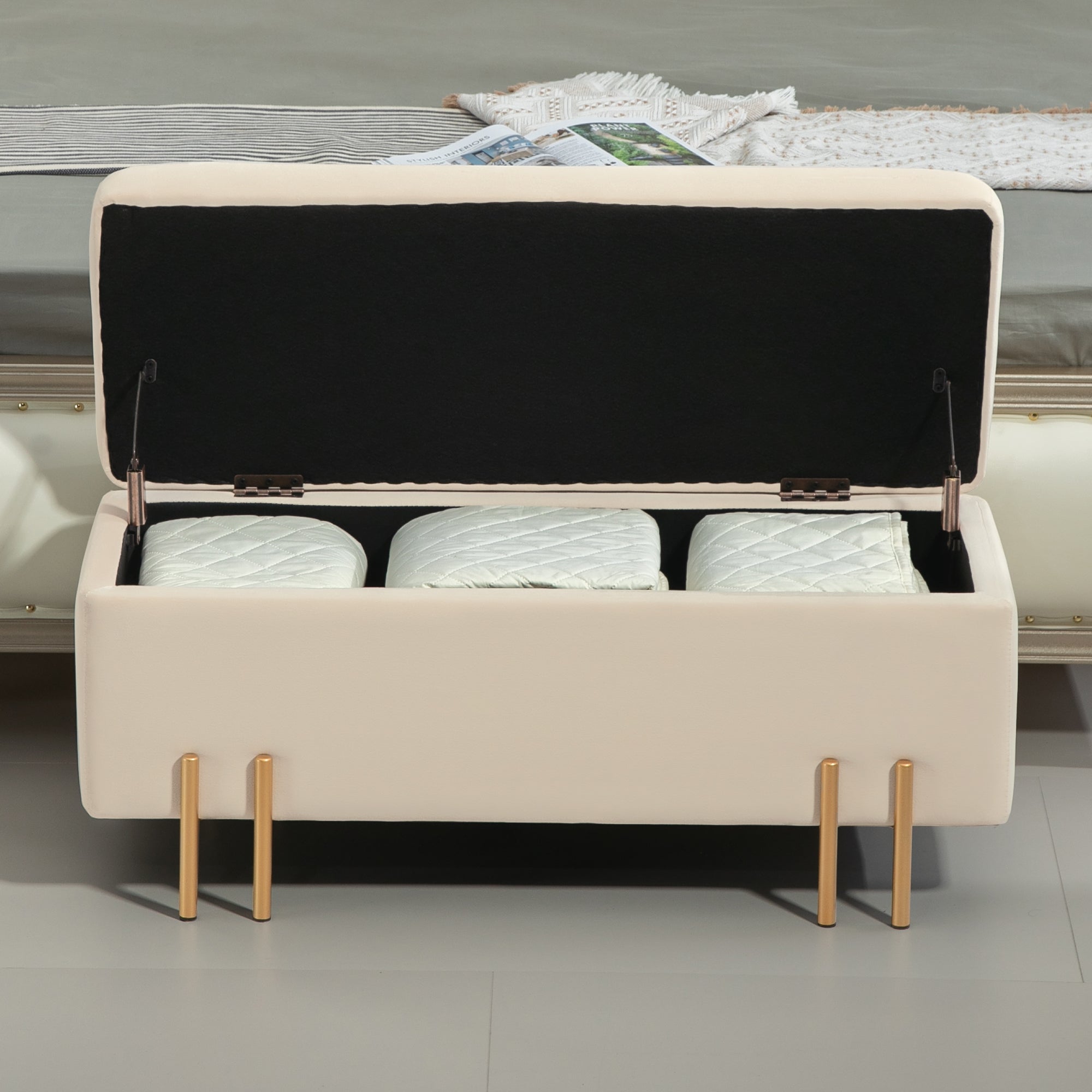 Bench with storage, upholstered velvet, wooden legs, 100 x 40 x 42 cm, beige