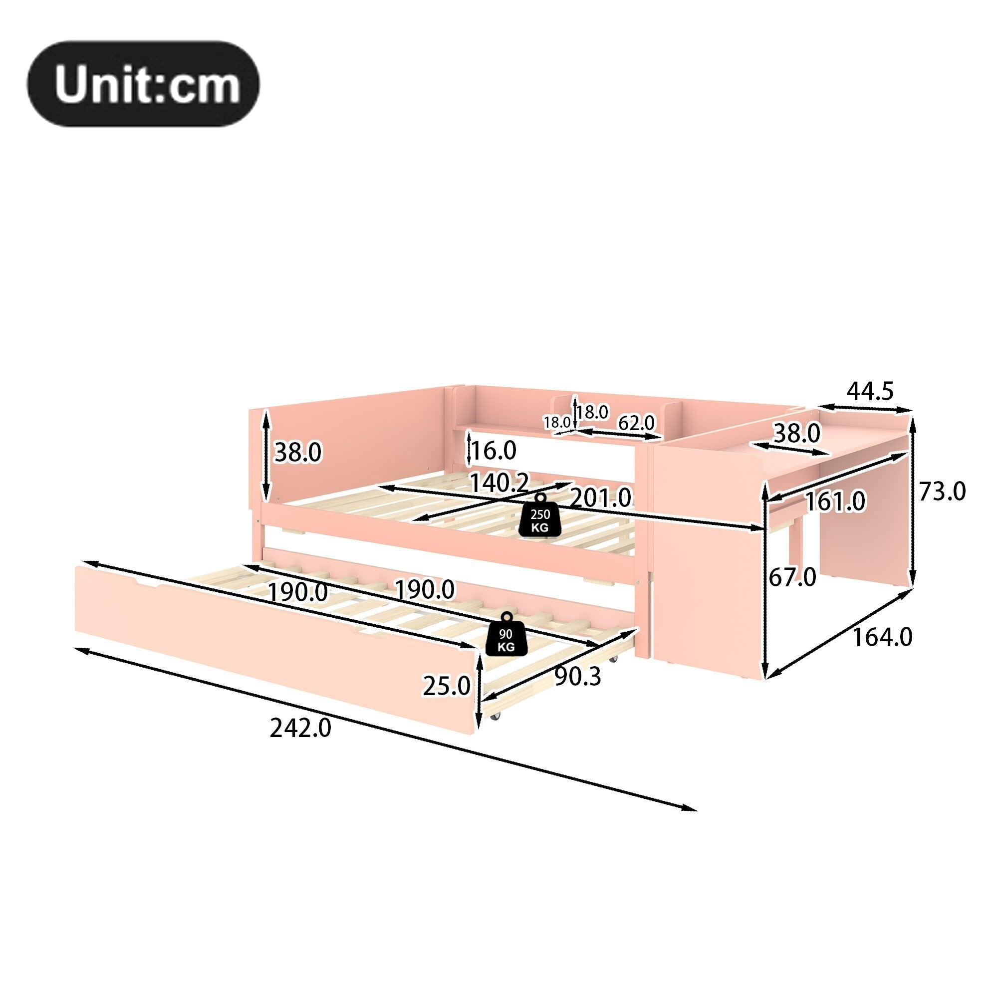 Wooden Flatbed Double Bed with Desk, Trundle and Shelves, 140x200cm, Pink