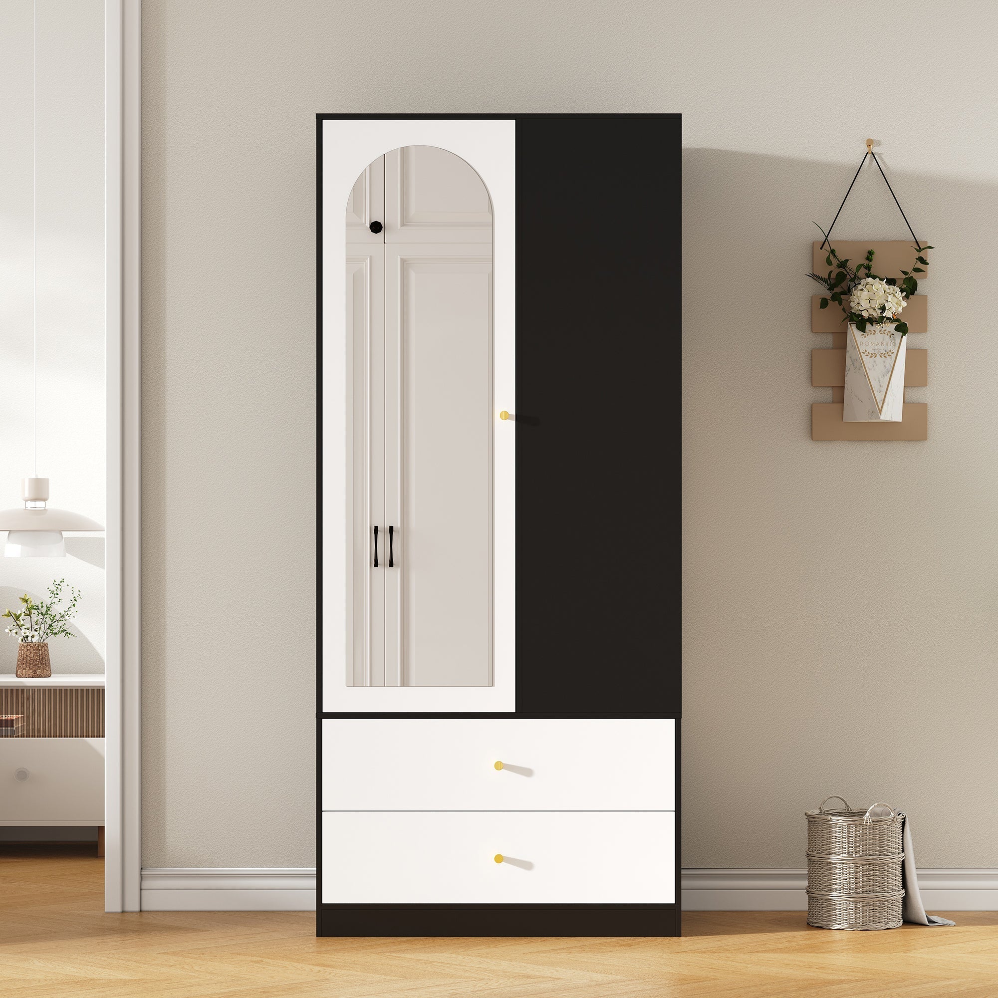 Wardrobe with Mirror 2 Drawers 4 Shelves Bedroom Storage 80x40x180cm White and Black