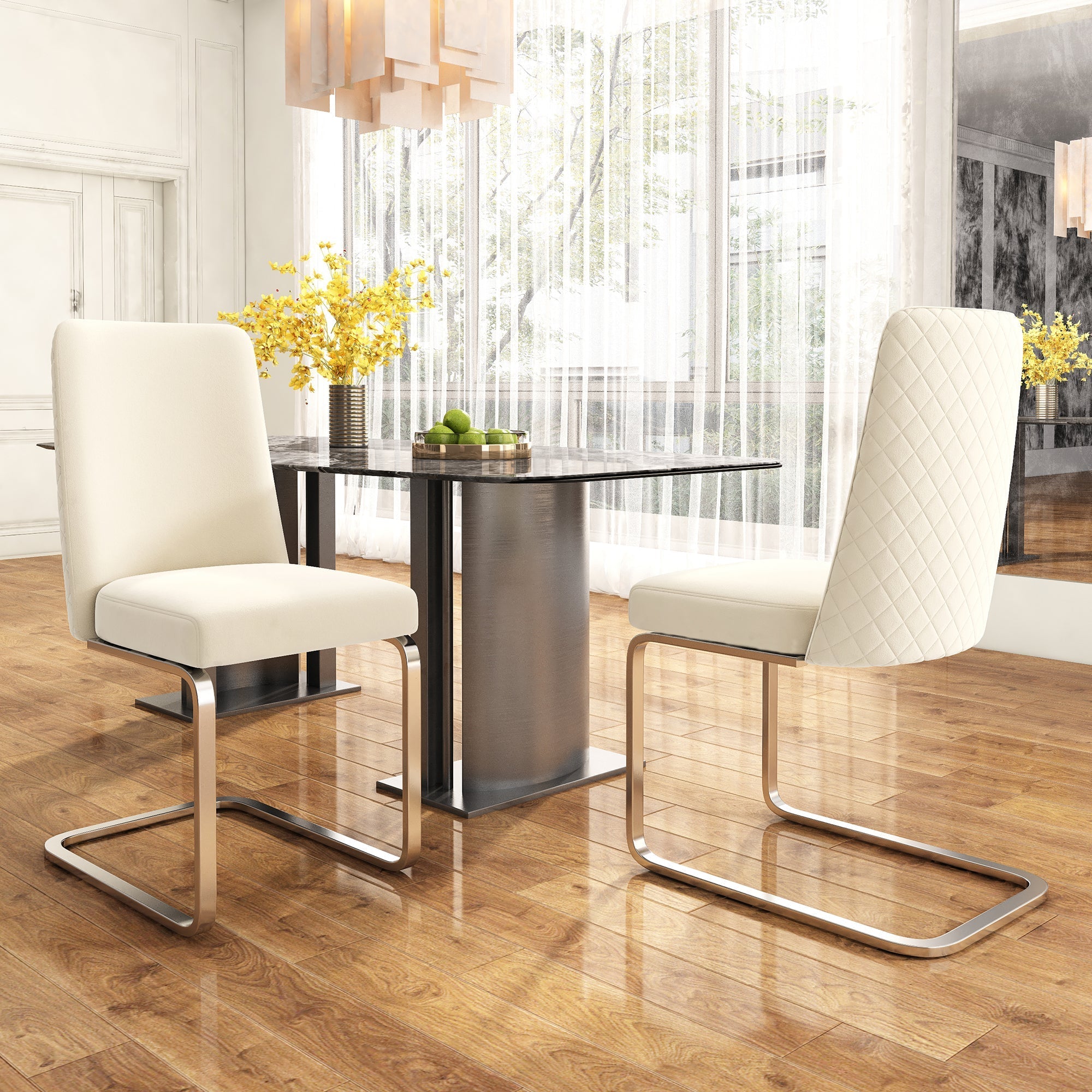 Velvet Dining Chair Set of 4, Diamond Back Silver Metal Legs, Beige