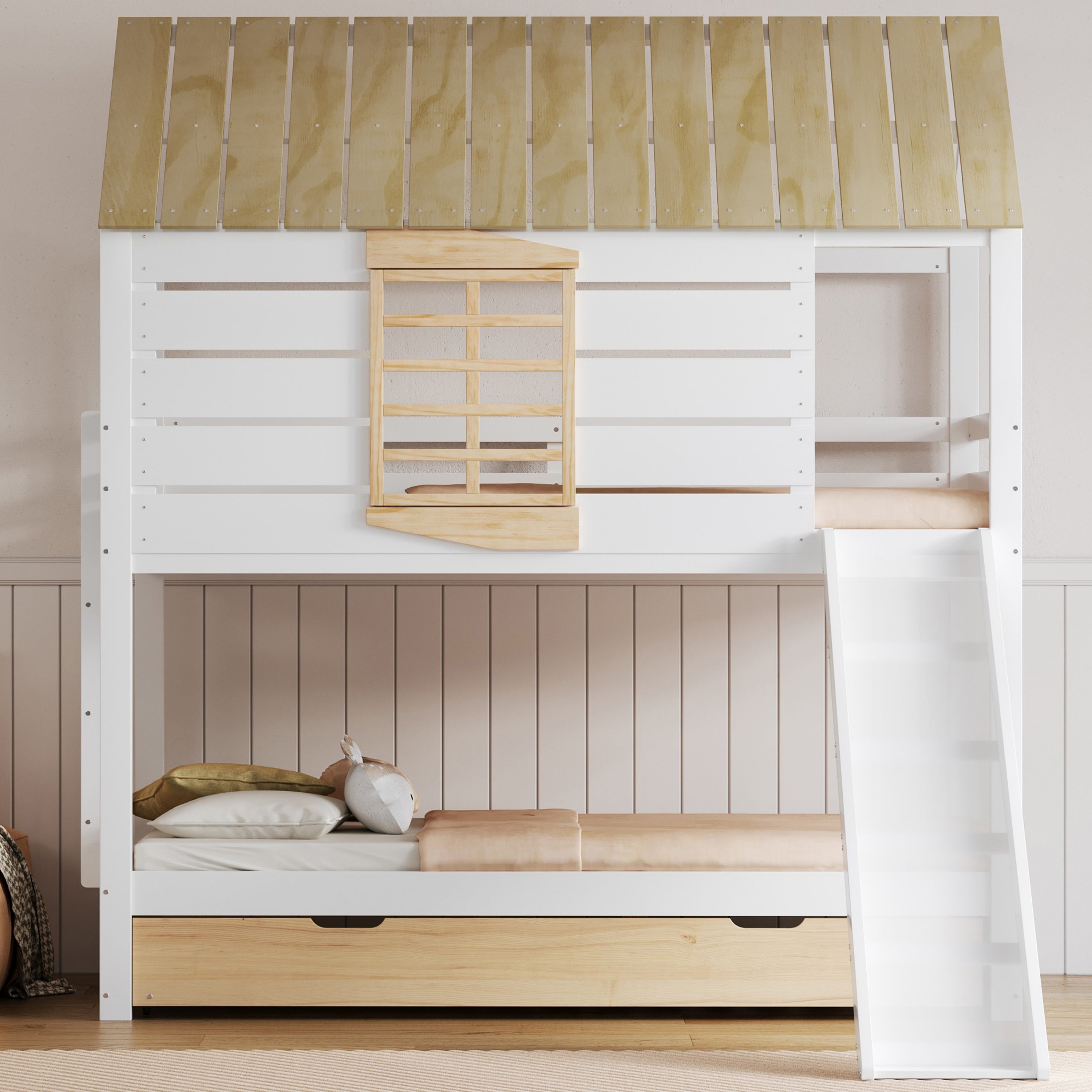 House-Shaped Bunk Bed with Slide and Pull-Out Bed, 90x200, White and Natural Pine