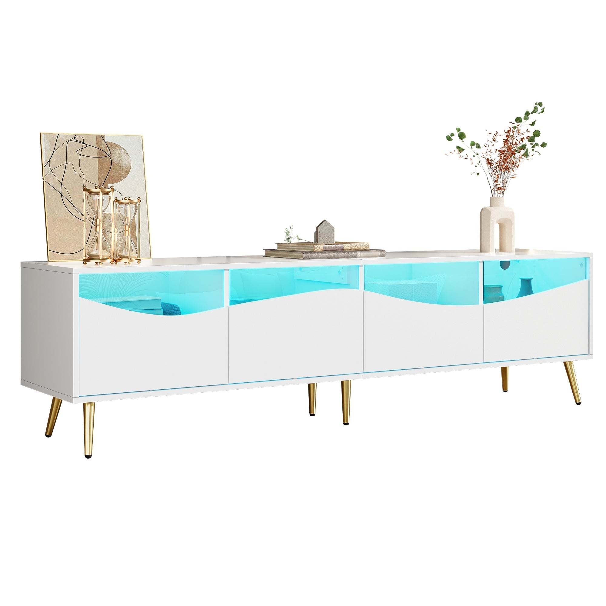 Modern TV Cabinet 180x50cm LED Lighting Glass Front Storage Lowboard White Gold Metal