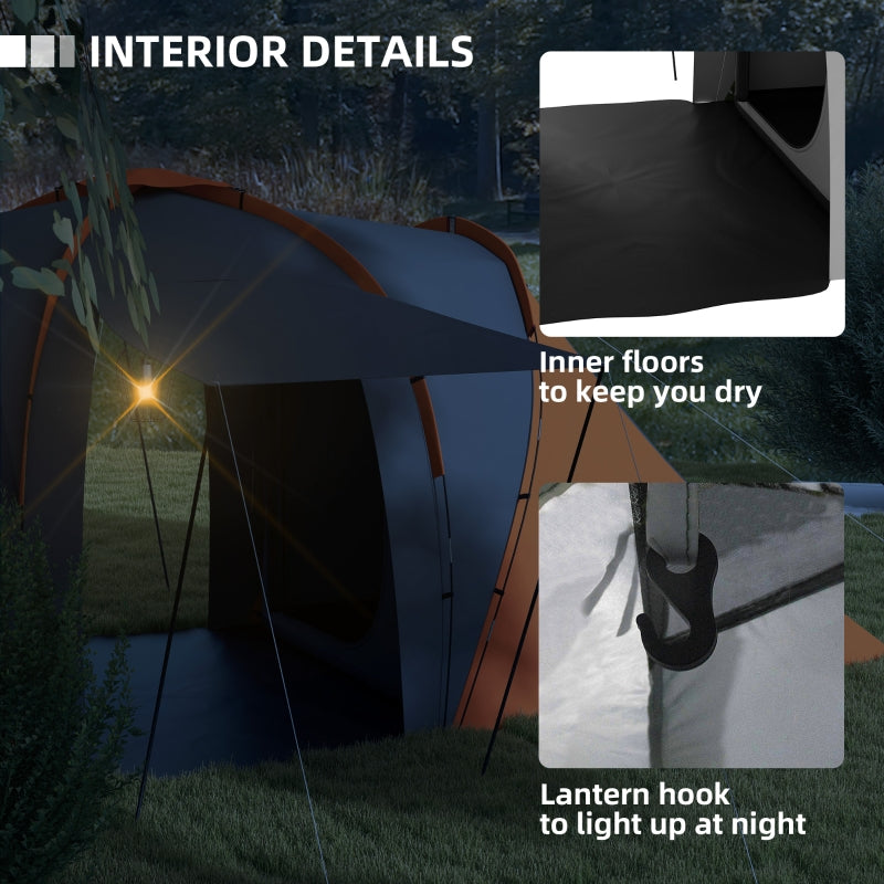Large Camping Tent Tunnel Tent, 2 Bedroom Living Area, 4-6 Man, Waterproof, Orange