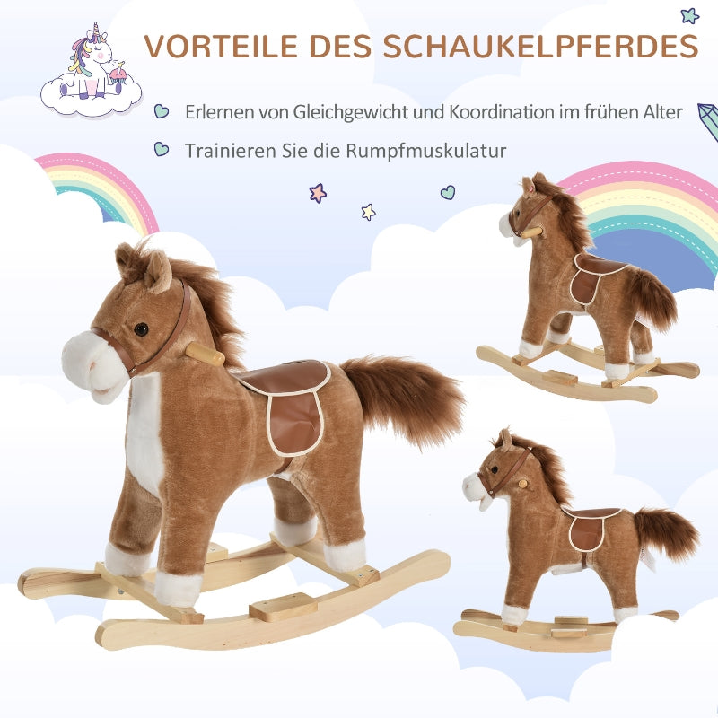 Children's Rocking Horse with Animal Sounds and Handles for 36-72 Months, Brown Plush