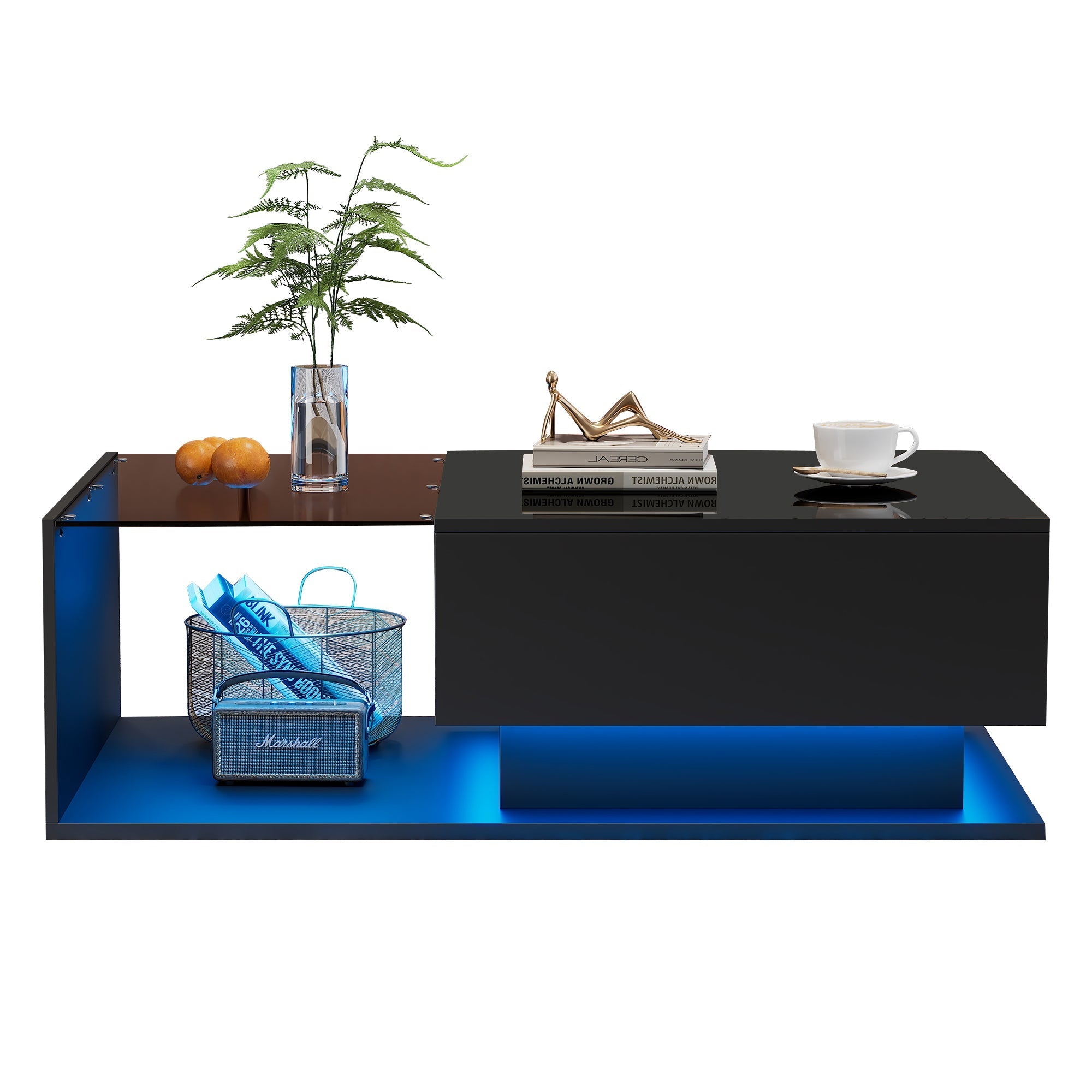 LED Coffee Table, Modern High Gloss Coffee Table, Center Table with Glass, Modern Coffee Table for Living Room with Drawer (Black)