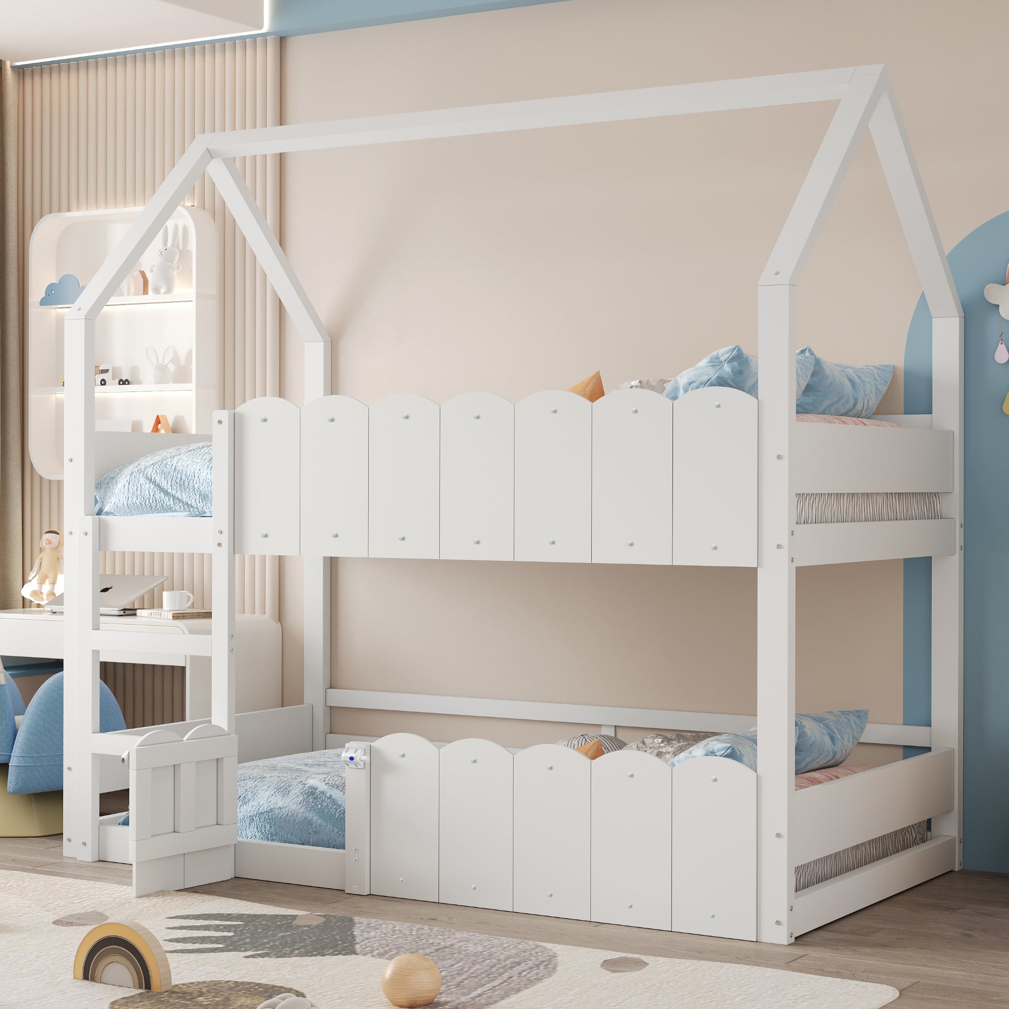 Children's Bunk Bed 90x200cm House Design Slatted Base White