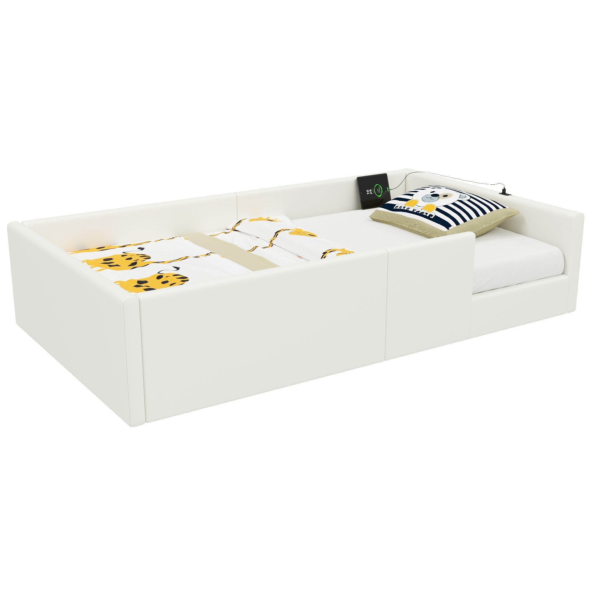 Upholstered Platform Bed with Safety Railing and Charging Station, 90x200cm, White Velvet