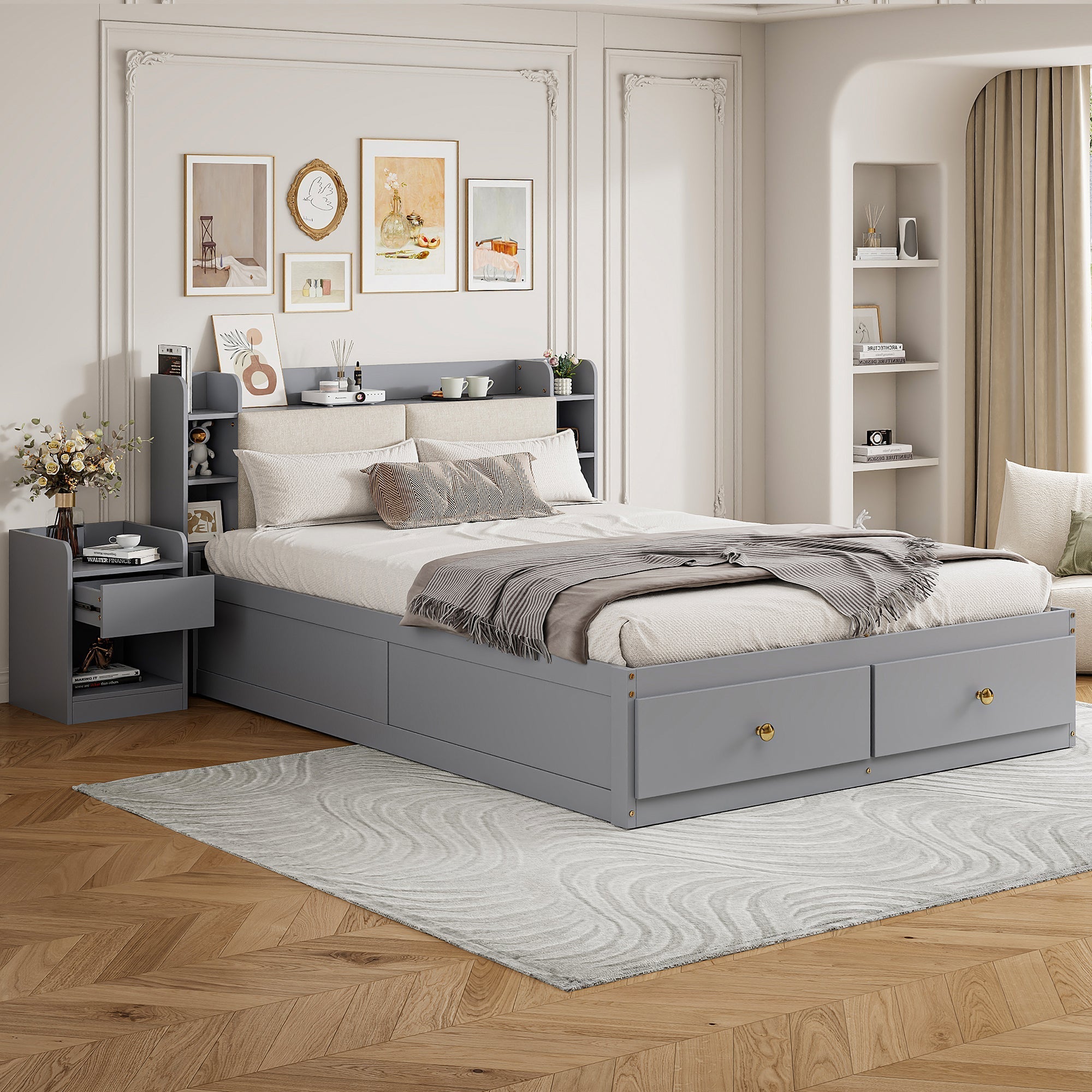Solid Wood Combo Bed, 140x200cm with Storage & Sofa Bench, Gray