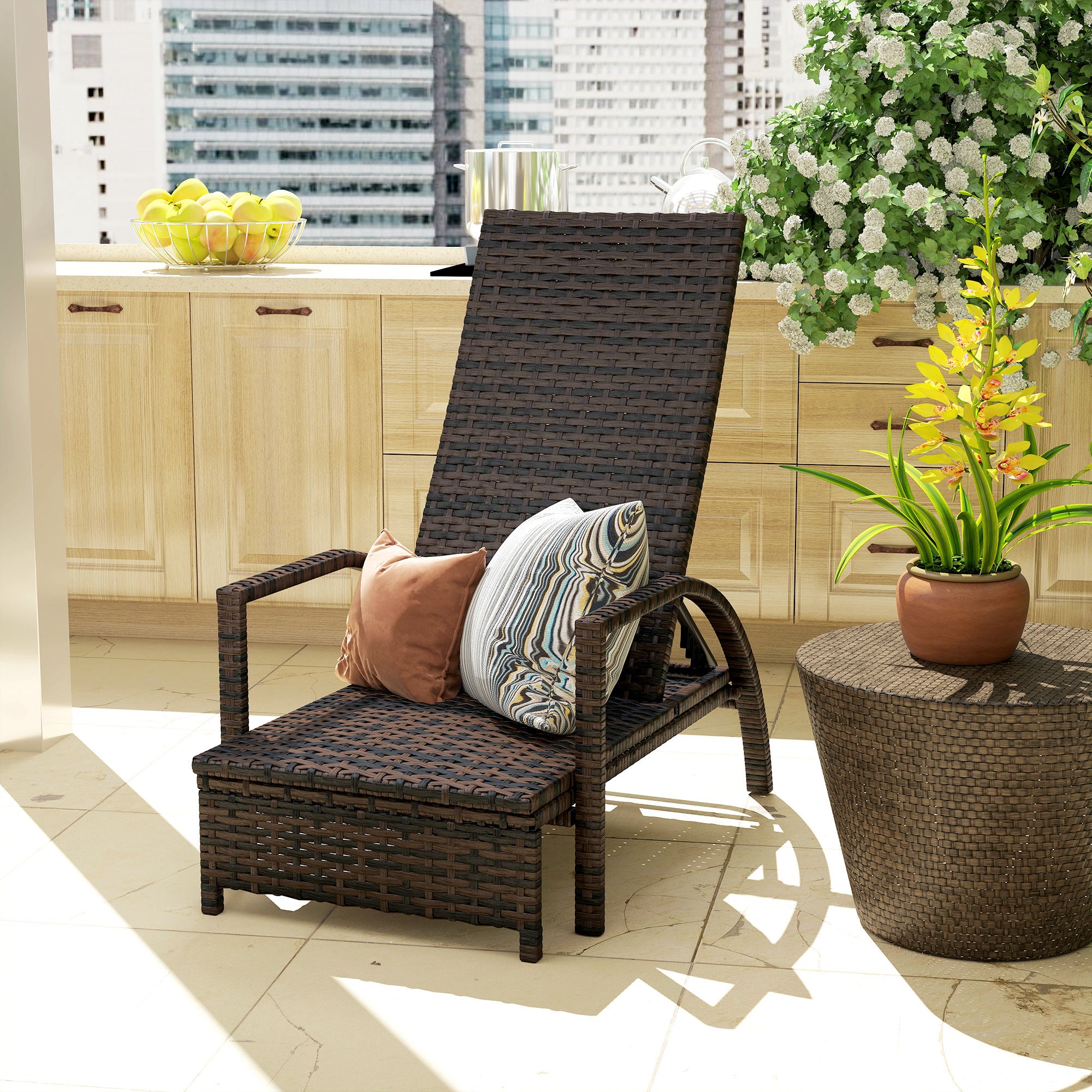 Reclining Lounger, Extending Footrest Rattan Brown