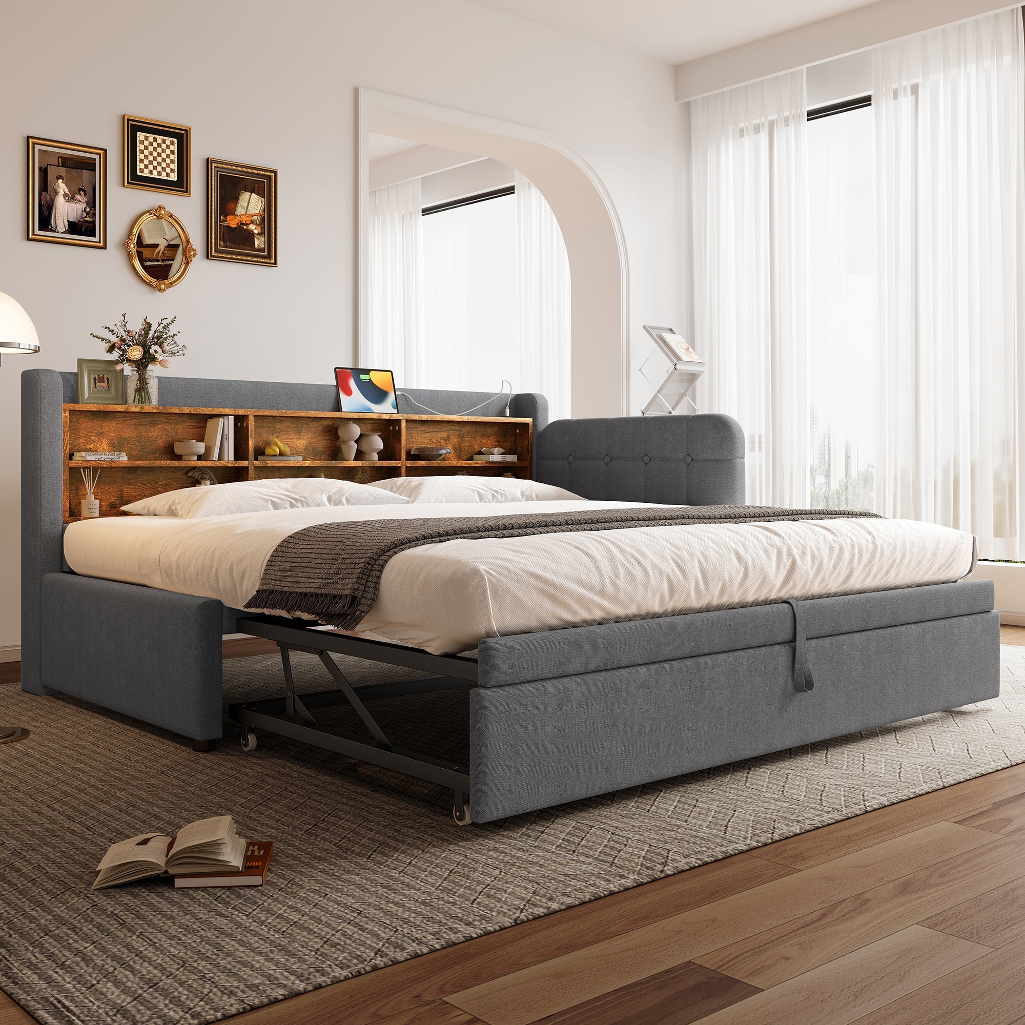 Daybed Sofa Bed 90x200cm Pull-out Storage USB/Type-C - Linen Grey