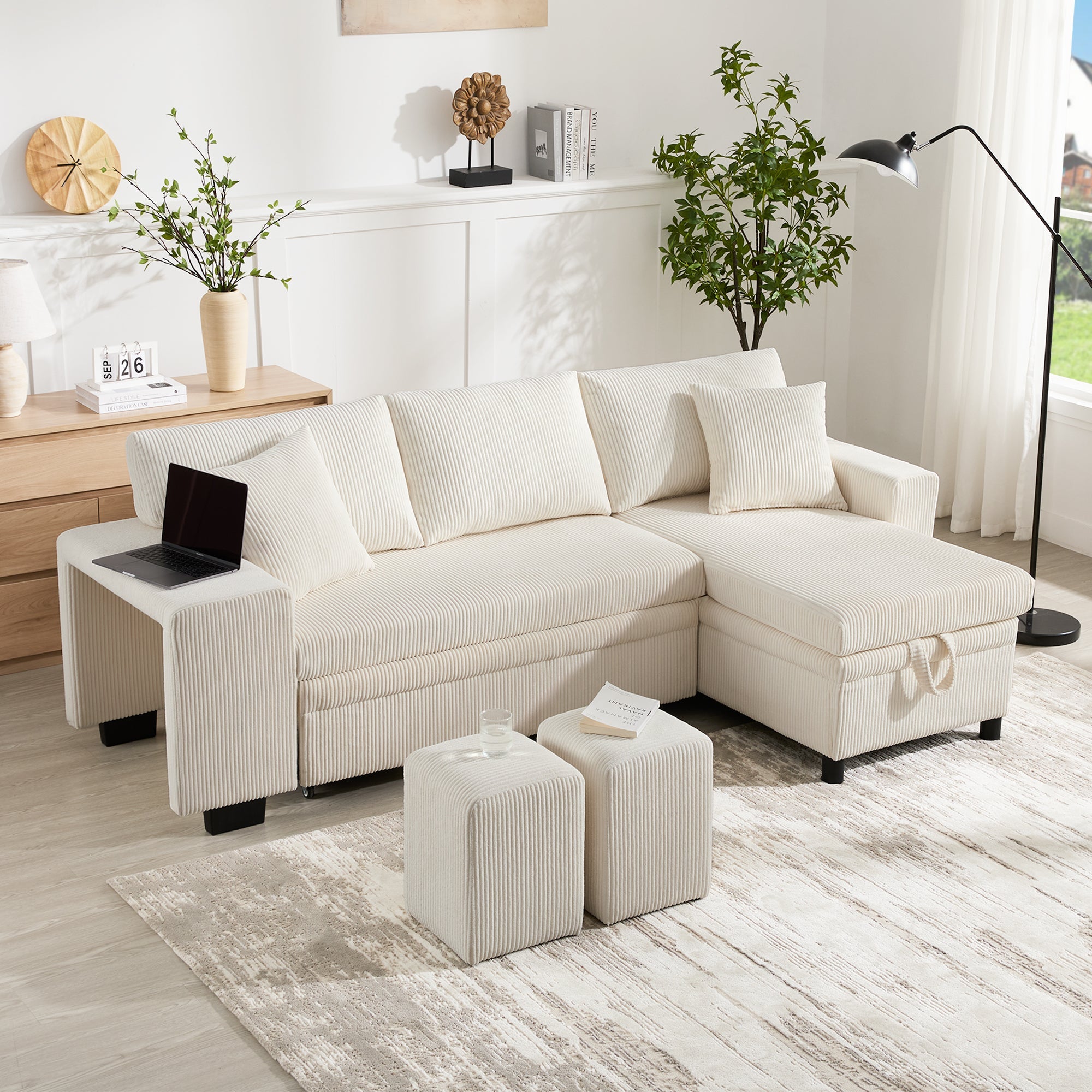 Sofa Bed L-Shaped Convertible 3-Seater with USB, Storage, and Shelves