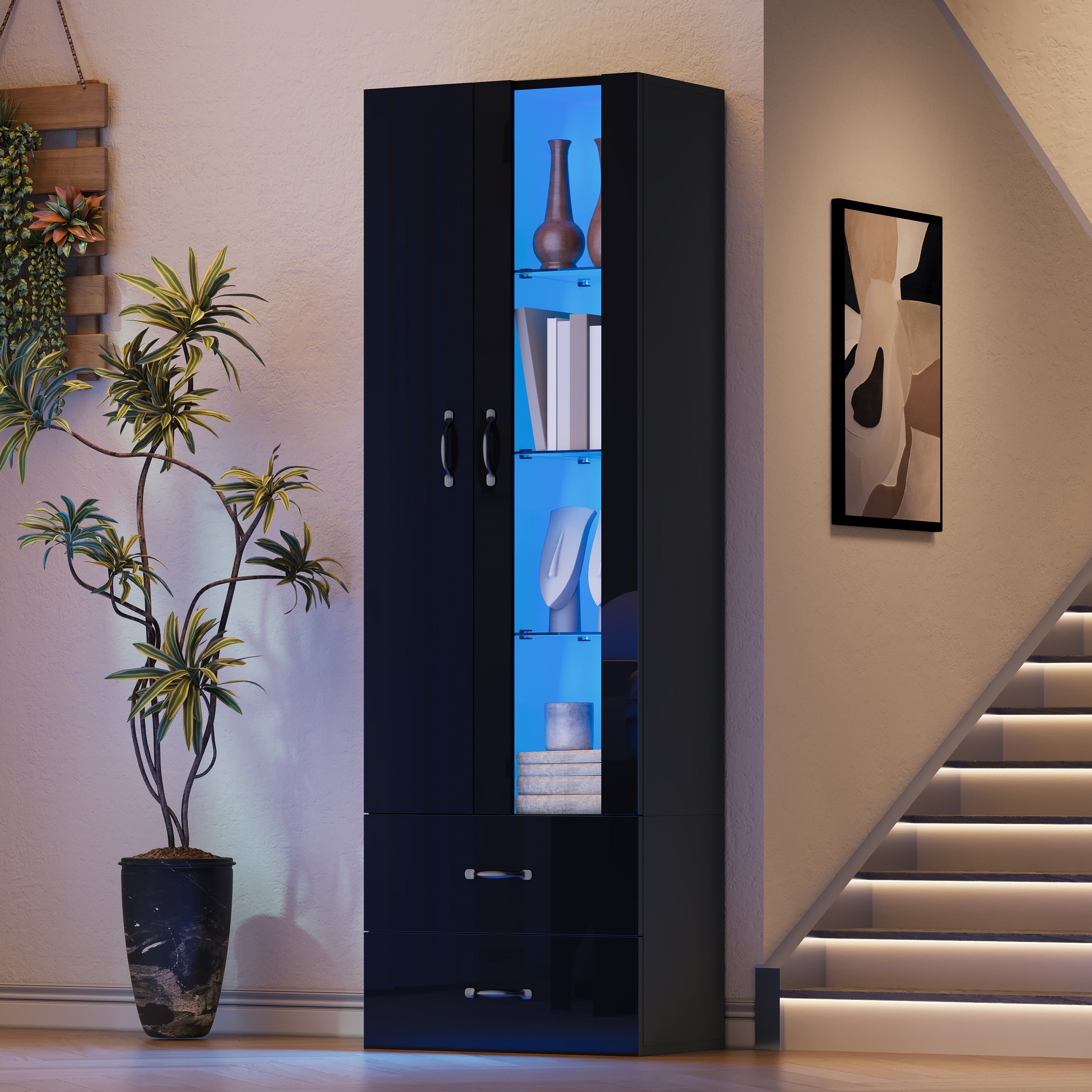 LED Display Cabinet Freestanding 2 Doors - Black