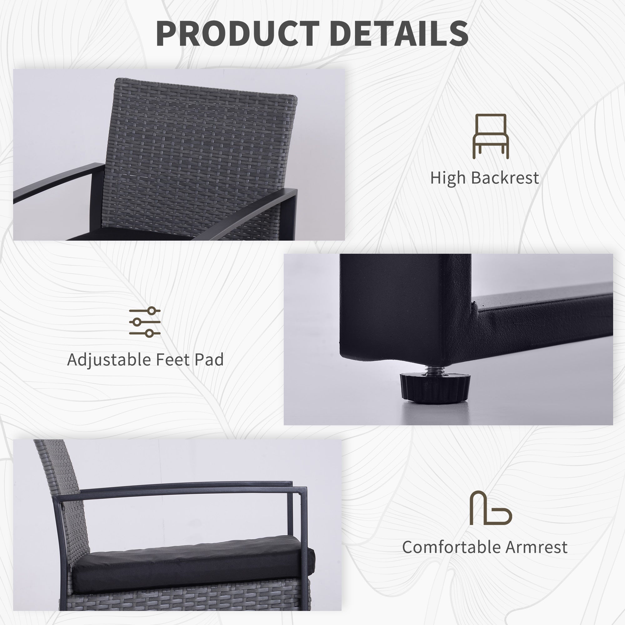 2 Seater Patio Set with Cushions Rattan, Grey/Black