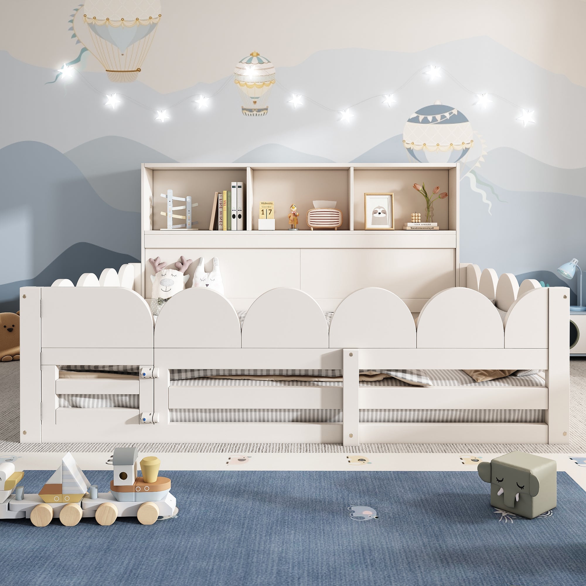 Children's Floor Bed with Fall Protection, Door, Slatted Base and Shelf, 140x200cm, White Wood