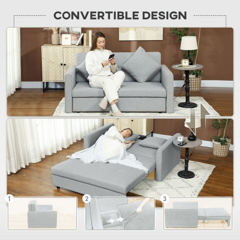 2 Seater Sofa Bed, Convertible with Hidden Storage, Linen Light Grey