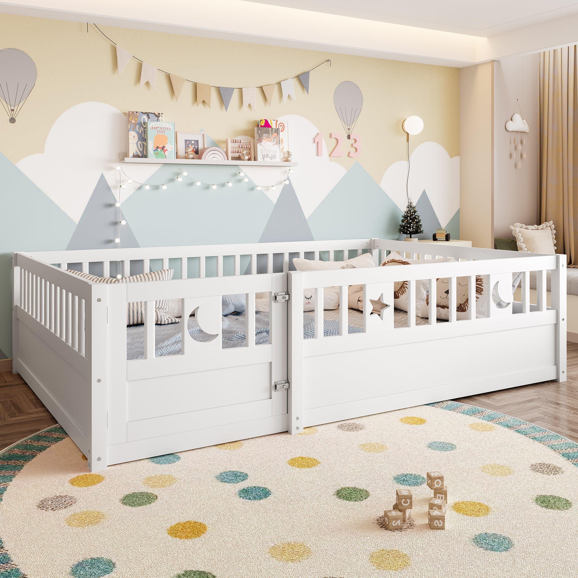 Panel Bed 140x190cm Children's with Railing Star & Moon Decoration - White